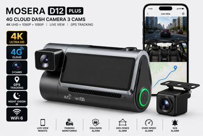 Camera auto DVR 4G MOSERA D12 PLUS, 3 camere, 4K UHD + Full HD + Full HD, Sony IMX415, GPS Tracking, WiFi 6, Night Vision IR, Cloud Live View, monitorizare parcare, aplicatie mobil + PC