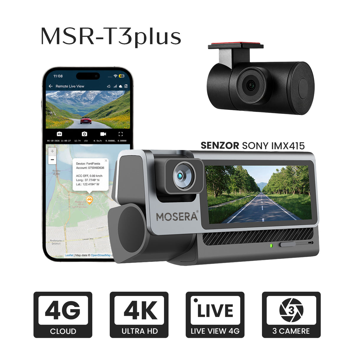 Camera auto DVR MOSERA T3 PLUS 4G Cloud 3CH, 4K Sony IMX415 + interior 1080P + camera spate 1080P, GPS, WiFi 6, ecran touch IPS 3”, Night Vision, monitorizare live