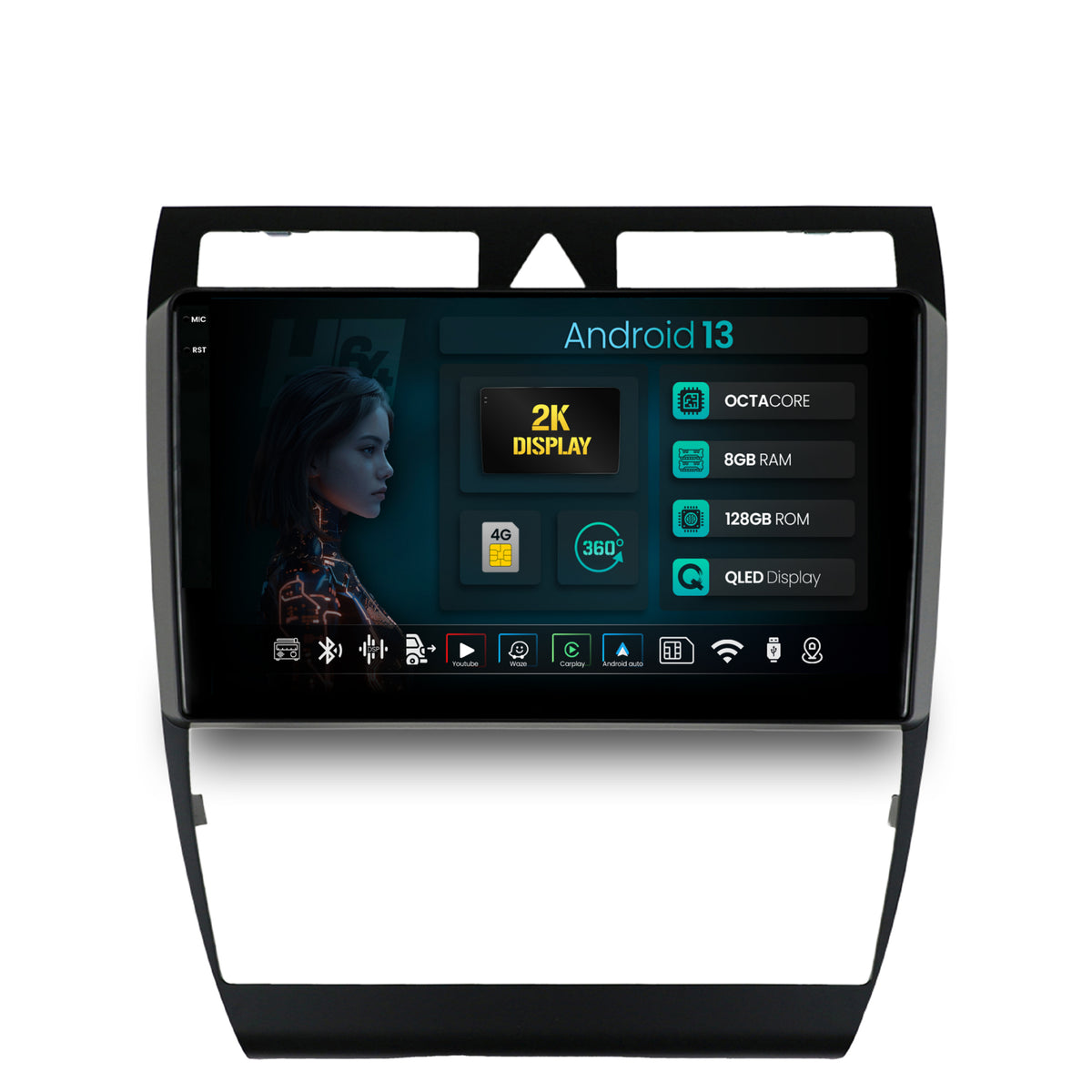 Navigatie 2K HUB64 Audi A6 (1999-2004), 8GB RAM, Android, Octacore, Slot Sim 4G, DSP, GPS, Wi-FI, Carplay, Android Auto, USB, Bluetooth, Waze, Touchscreen, 9.5 Inch