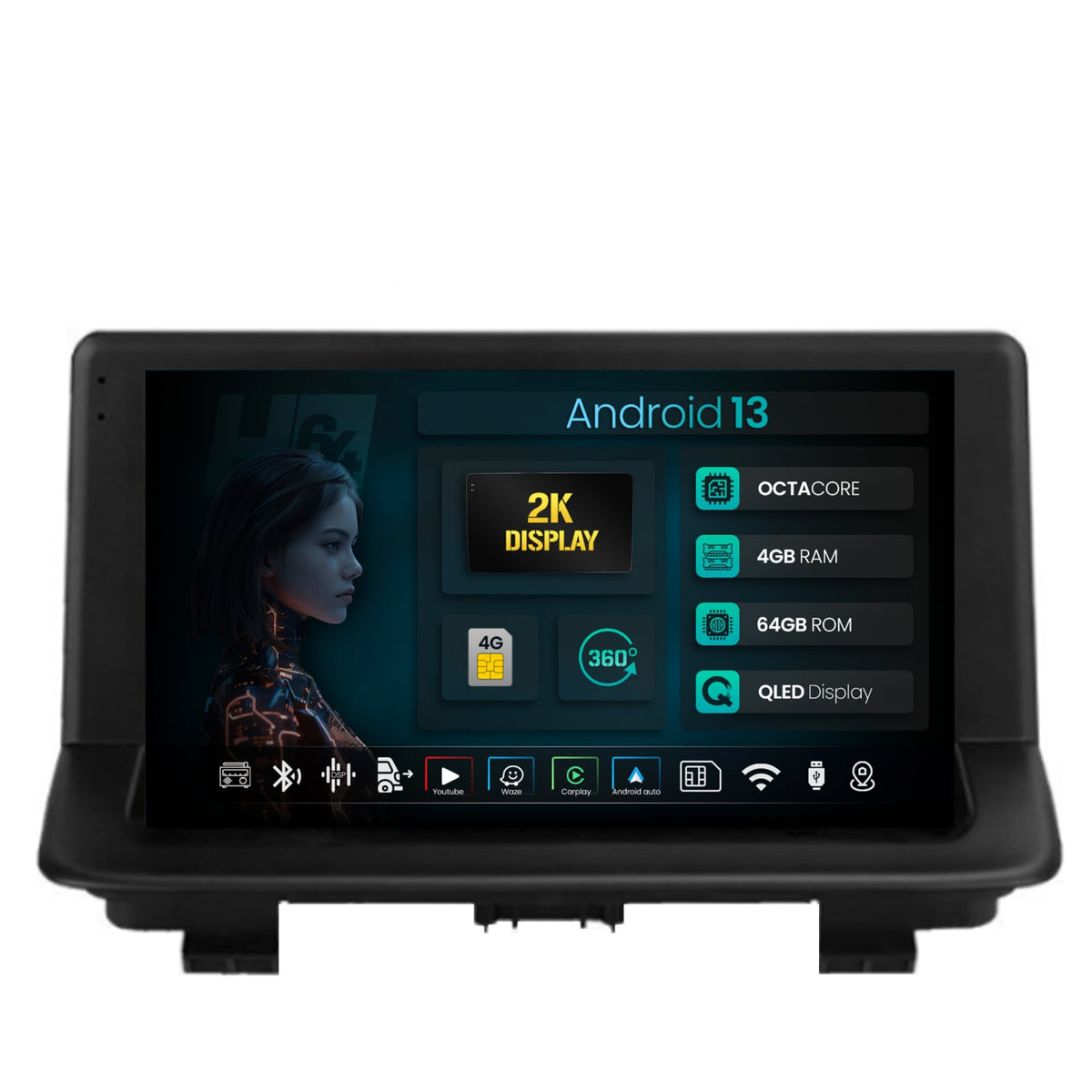 Navigatie 2K HUB64 Audi Q3 (2011-2018), 4GB RAM, Android, Octacore, Slot Sim 4G, DSP, GPS, Wi-FI, Carplay, Android Auto, USB, Bluetooth, Waze, Touchscreen, 9.5 Inch