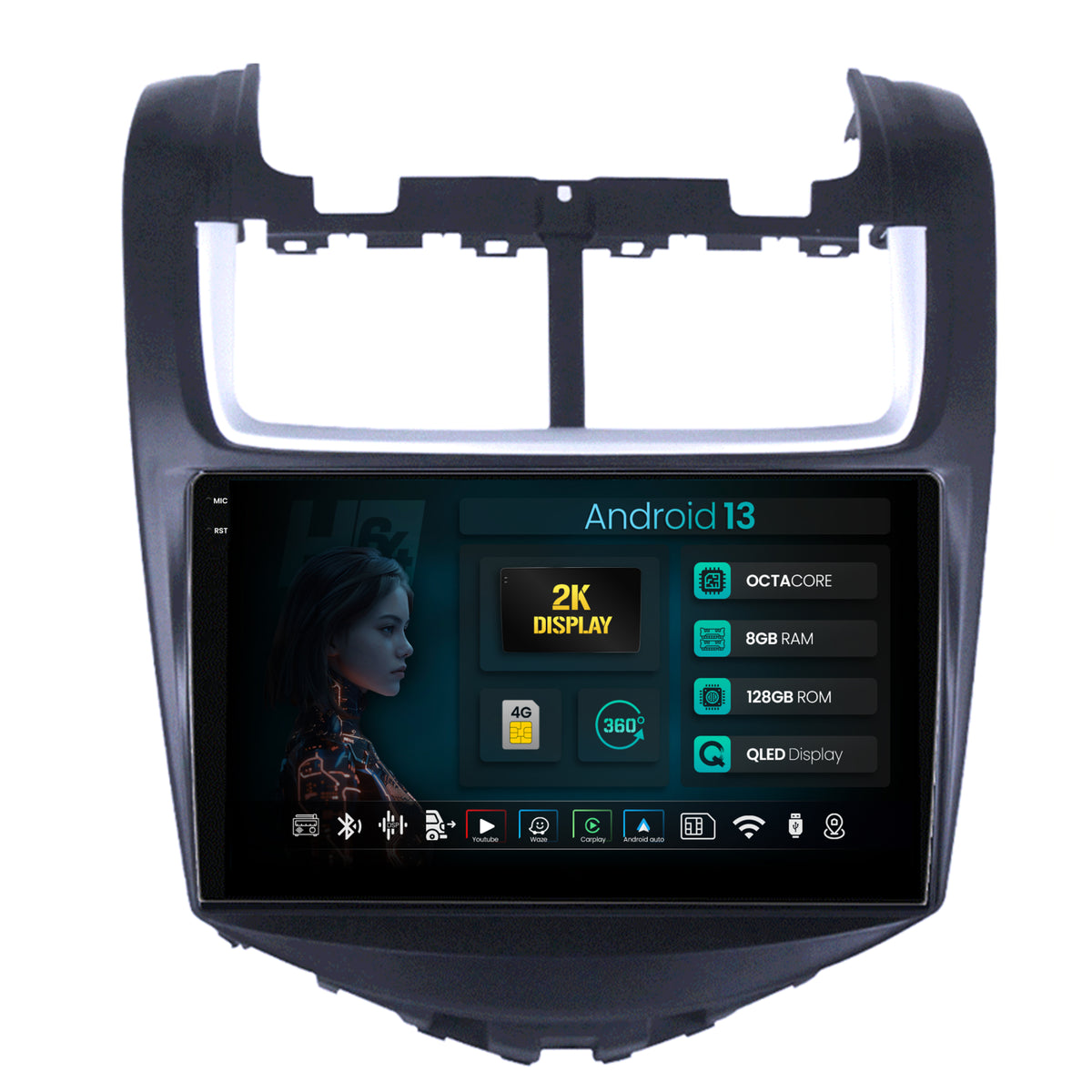 Navigatie 2K HUB64 Chevrolet Aveo (2014-2017), 8GB RAM, Android, Octacore, Slot Sim 4G, DSP, GPS, Wi-FI, Carplay, Android Auto, USB, Bluetooth, Waze, Touchscreen, 9.5 Inch