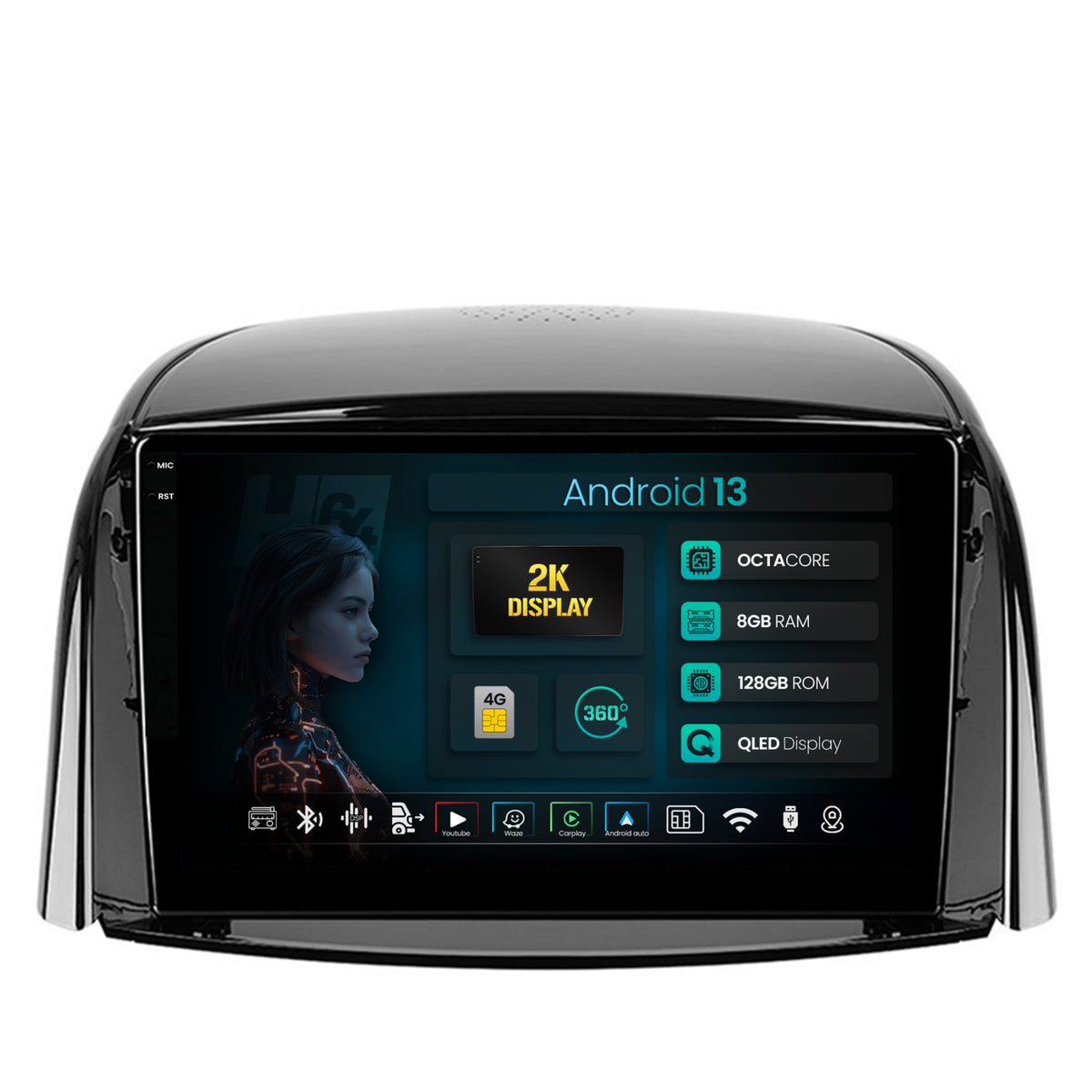 Navigatie 2K HUB64 Renault Koleos (2009-2016), 8GB RAM, Android, Octacore, Slot Sim 4G, DSP, GPS, Wi-FI, Carplay, Android Auto, USB, Bluetooth, Waze, Touchscreen, 9.5 Inch