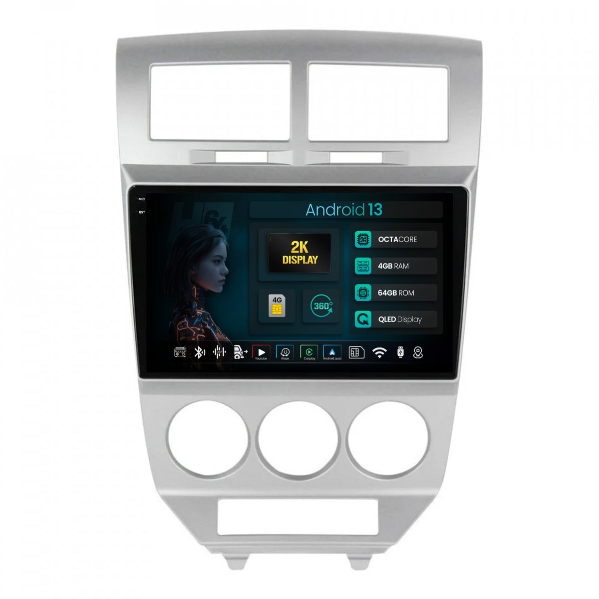 Navigatie 2K HUB64 Dodge Caliber (2006-2010), 4GB RAM, Android, Octacore, Slot Sim 4G, DSP, GPS, Wi-FI, Carplay, Android Auto, USB, Bluetooth, Waze, Touchscreen, 10.36 Inch