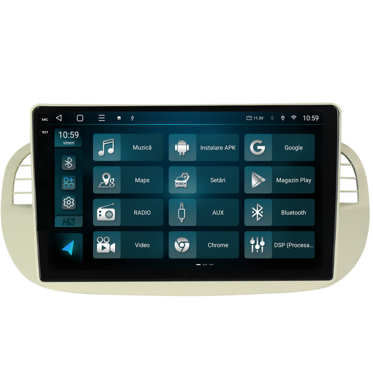 Navigatie 2K HUB64 Fiat 500 (2007-2014), 4GB RAM, Android, Octacore, Slot Sim 4G, DSP, GPS, Wi-FI, Carplay, Android Auto, USB, Bluetooth, Waze, Touchscreen, 9.5 Inch