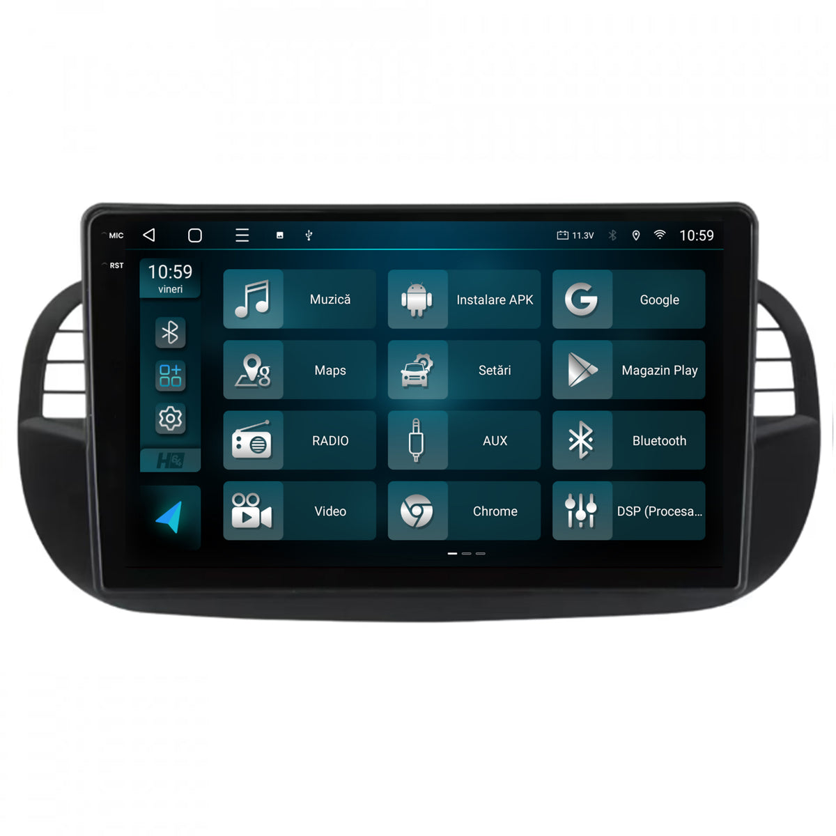 Navigatie 2K HUB64 Fiat 500 (2007-2014), 4GB RAM, Android, Octacore, Slot Sim 4G, DSP, GPS, Wi-FI, Carplay, Android Auto, USB, Bluetooth, Waze, Touchscreen, 9.5 Inch