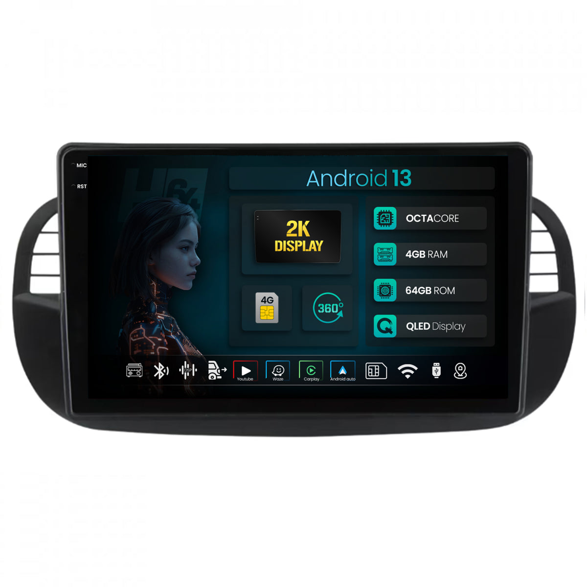Navigatie 2K HUB64 Fiat 500 (2007-2014), 4GB RAM, Android, Octacore, Slot Sim 4G, DSP, GPS, Wi-FI, Carplay, Android Auto, USB, Bluetooth, Waze, Touchscreen, 9.5 Inch