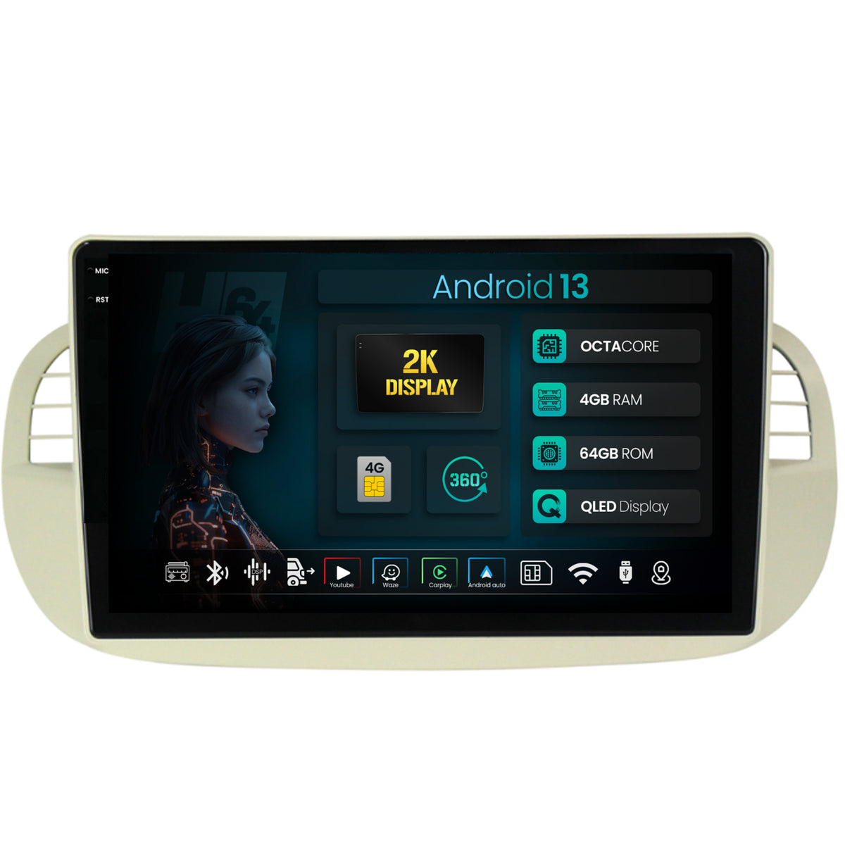 Navigatie 2K HUB64 Fiat 500 (2007-2014), 4GB RAM, Android, Octacore, Slot Sim 4G, DSP, GPS, Wi-FI, Carplay, Android Auto, USB, Bluetooth, Waze, Touchscreen, 9.5 Inch