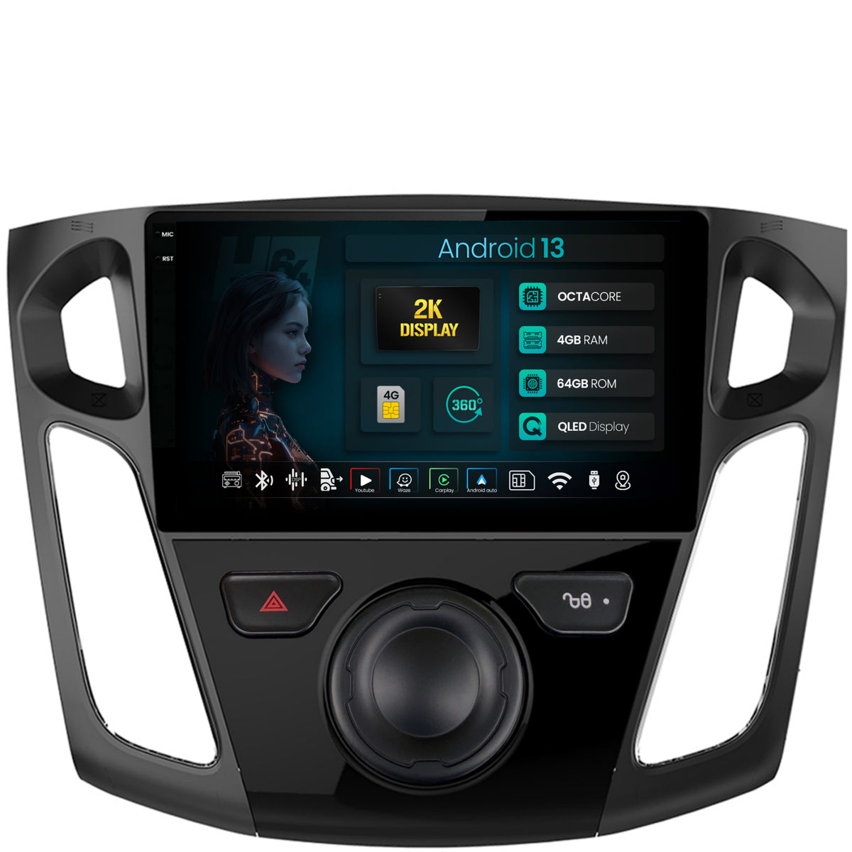 Navigatie 2K HUB64 Ford Focus 3 (2011-2019), 4GB RAM, Android, Octacore, Slot Sim 4G, DSP, GPS, Wi-FI, Carplay, Android Auto, USB, Bluetooth, Waze, Touchscreen, 9.5 Inch