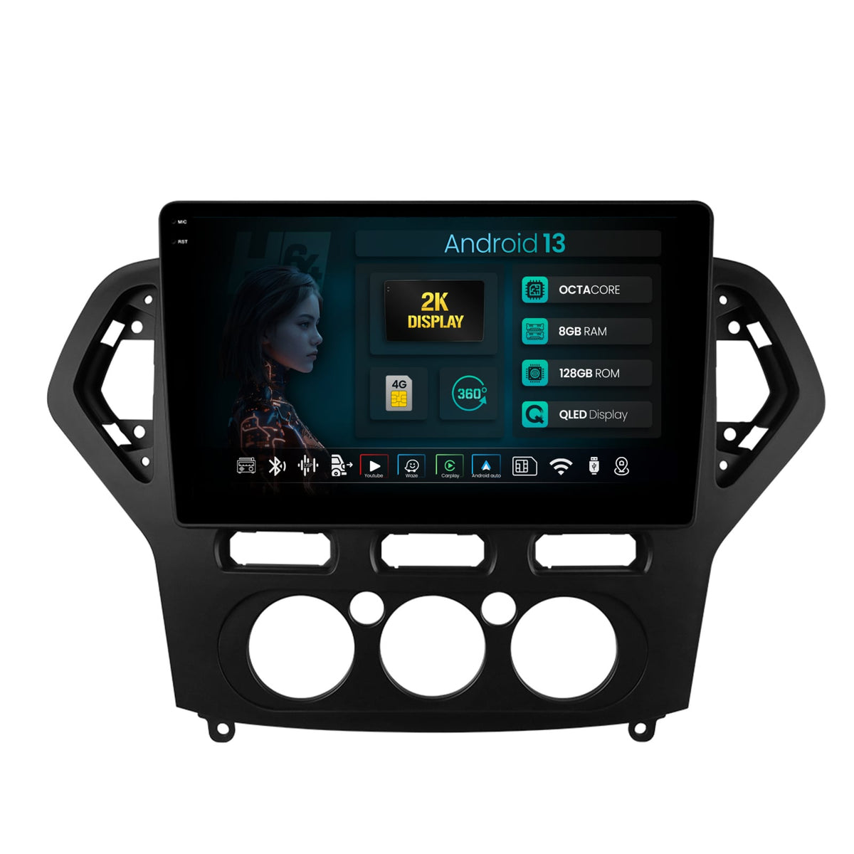 Navigatie 2K HUB64 Ford Mondeo (2007-2010) Clima Manuala, 8GB RAM, Android, Octacore, Slot Sim 4G, DSP, GPS, Wi-FI, Carplay, Android Auto, USB, Bluetooth, Waze, Touchscreen, 9.5 Inch