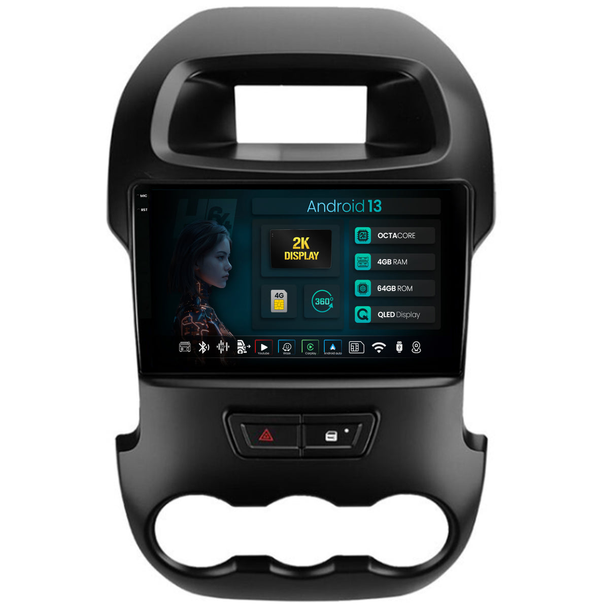 Navigatie 2K HUB64 Ford Ranger (2011-2015), 4GB RAM, Android, Octacore, Slot Sim 4G, DSP, GPS, Wi-FI, Carplay, Android Auto, USB, Bluetooth, Waze, Touchscreen, 9.5 Inch