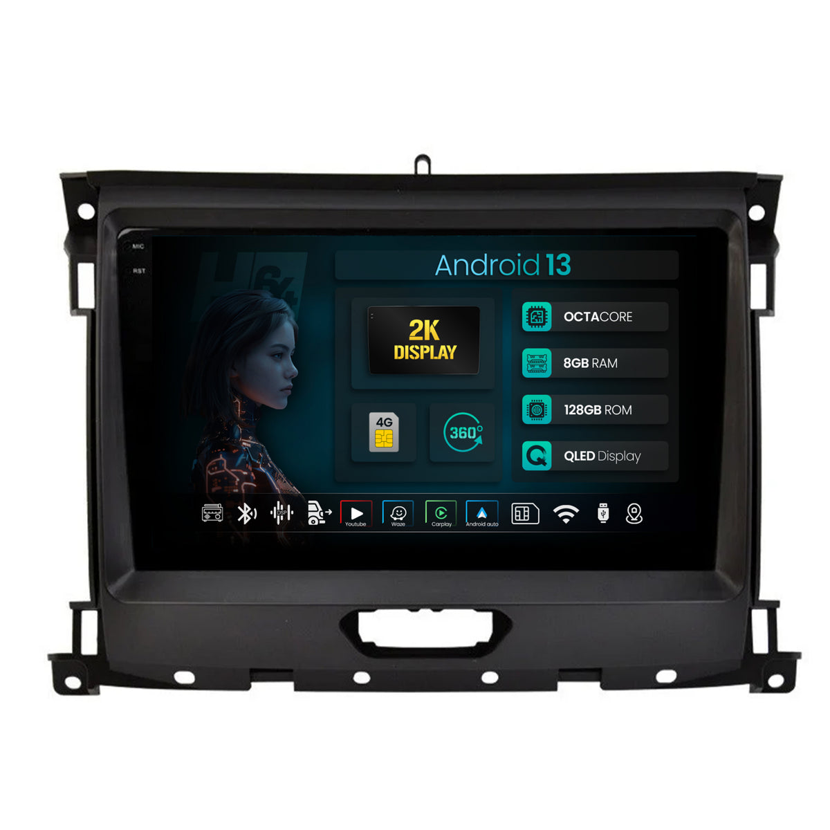 Navigatie 2K HUB64 Ford Ranger (2015-2022), 8GB RAM, Android, Octacore, Slot Sim 4G, DSP, GPS, Wi-FI, Carplay, Android Auto, USB, Bluetooth, Waze, Touchscreen, 9.5 Inch