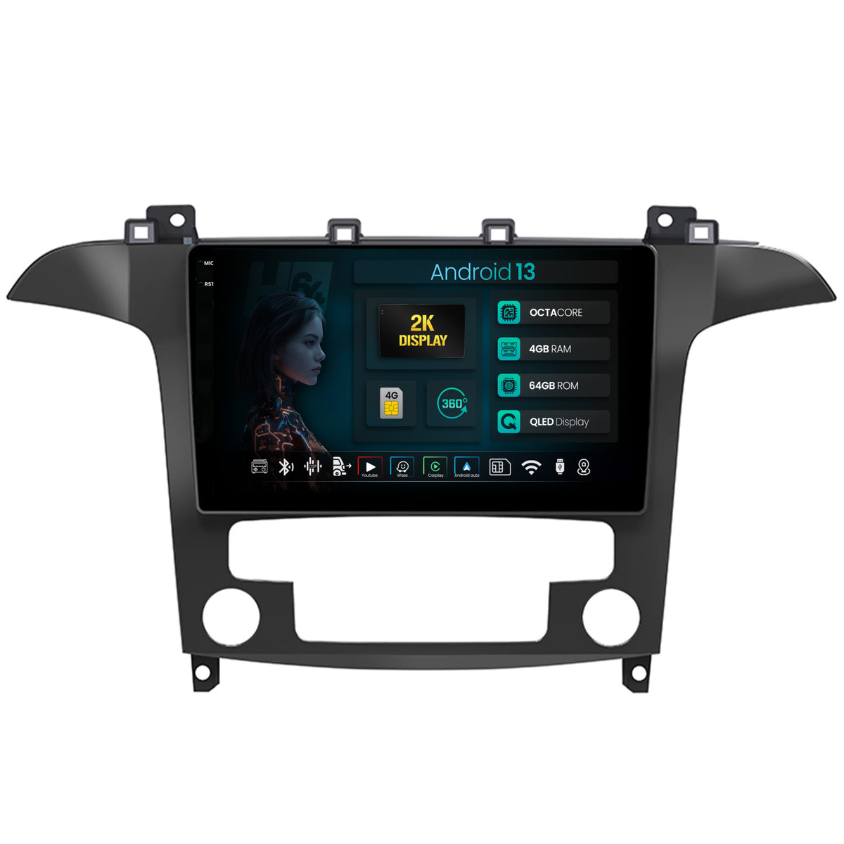 Navigatie 2K HUB64 Ford S-Max / Galaxy (2006-2015), 4GB RAM, Android, Octacore, Slot Sim 4G, DSP, GPS, Wi-FI, Carplay, Android Auto, USB, Bluetooth, Waze, Touchscreen, 9.5 Inch