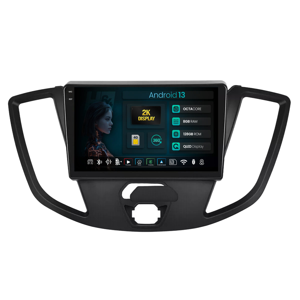 Navigatie 2K HUB64 Ford Transit (2014-2020), 8GB RAM, Android, Octacore, Slot Sim 4G, DSP, GPS, Wi-FI, Carplay, Android Auto, USB, Bluetooth, Waze, Touchscreen, 9.5 Inch