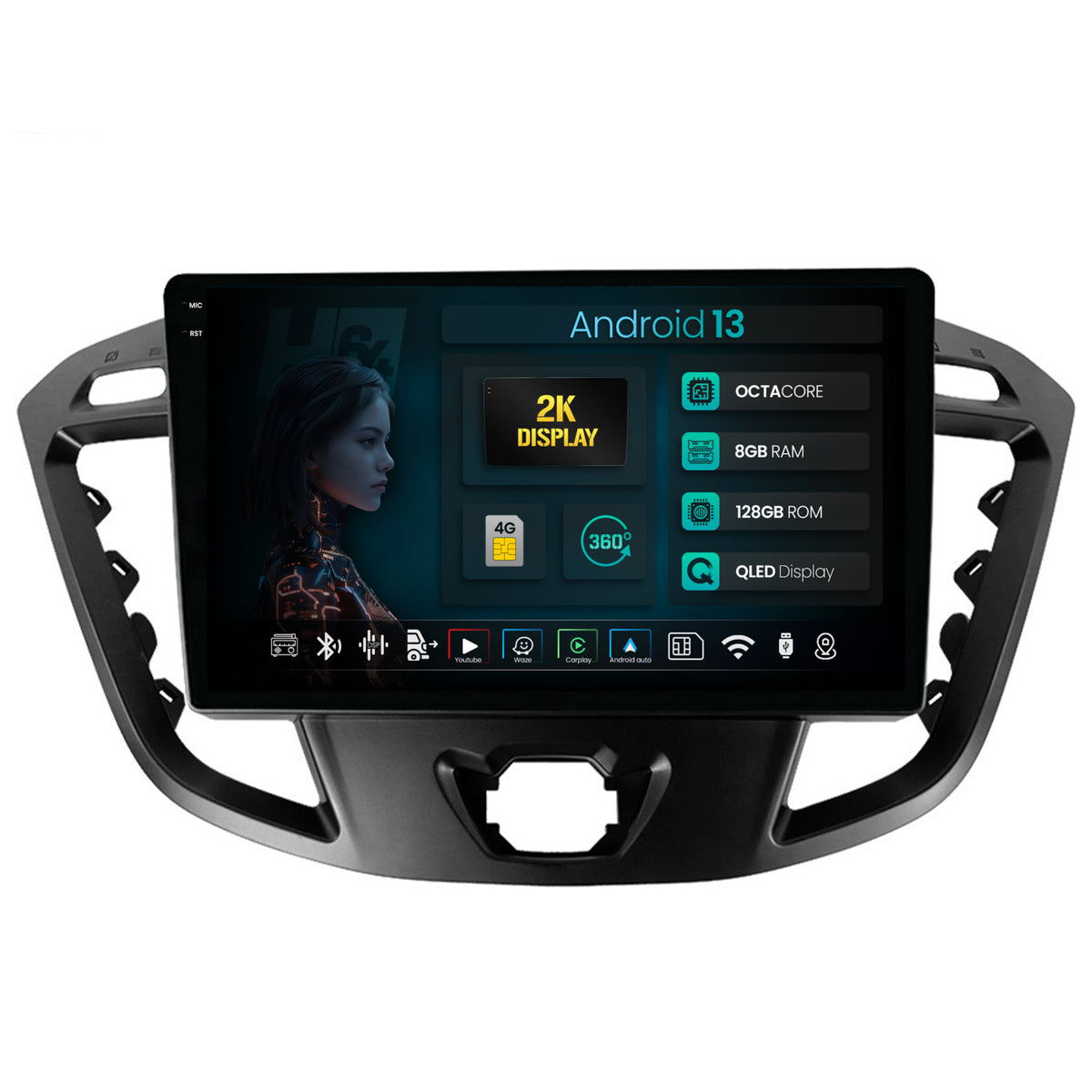 Navigatie 2K HUB64 Ford Transit / Tourneo (2012-2020), 8GB RAM, Android, Octacore, Slot Sim 4G, DSP, GPS, Wi-FI, Carplay, Android Auto, USB, Bluetooth, Waze, Touchscreen, 9.5 Inch