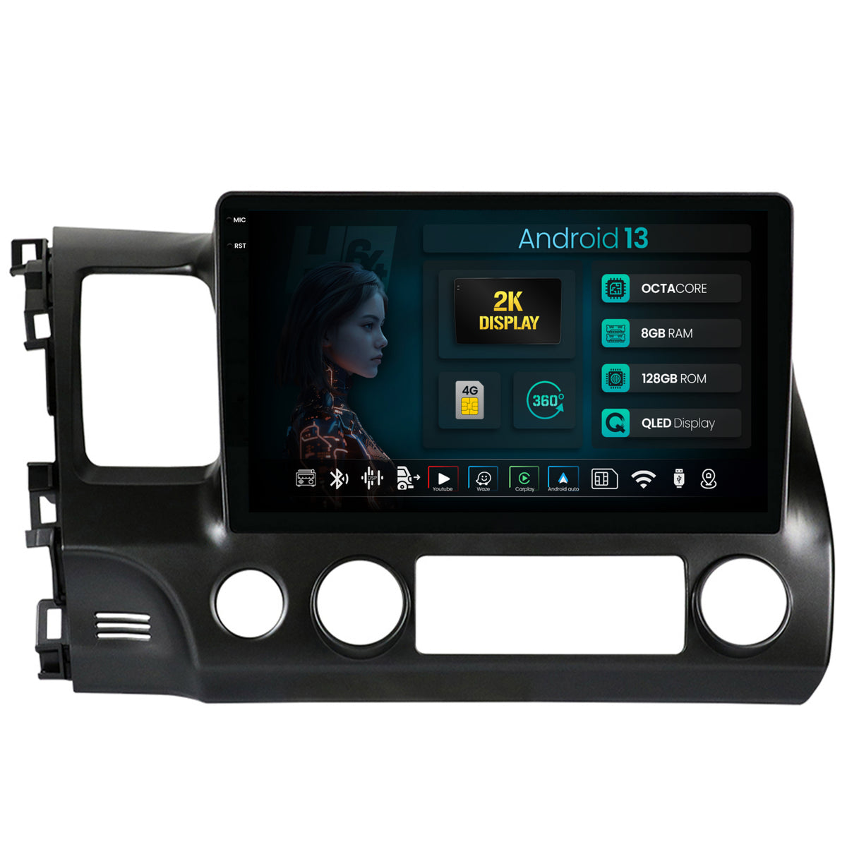 Navigatie 2K HUB64 Honda Civic (2005-2012), 8GB RAM, Android, Octacore, Slot Sim 4G, DSP, GPS, Wi-FI, Carplay, Android Auto, USB, Bluetooth, Waze, Touchscreen, 10.36 Inch