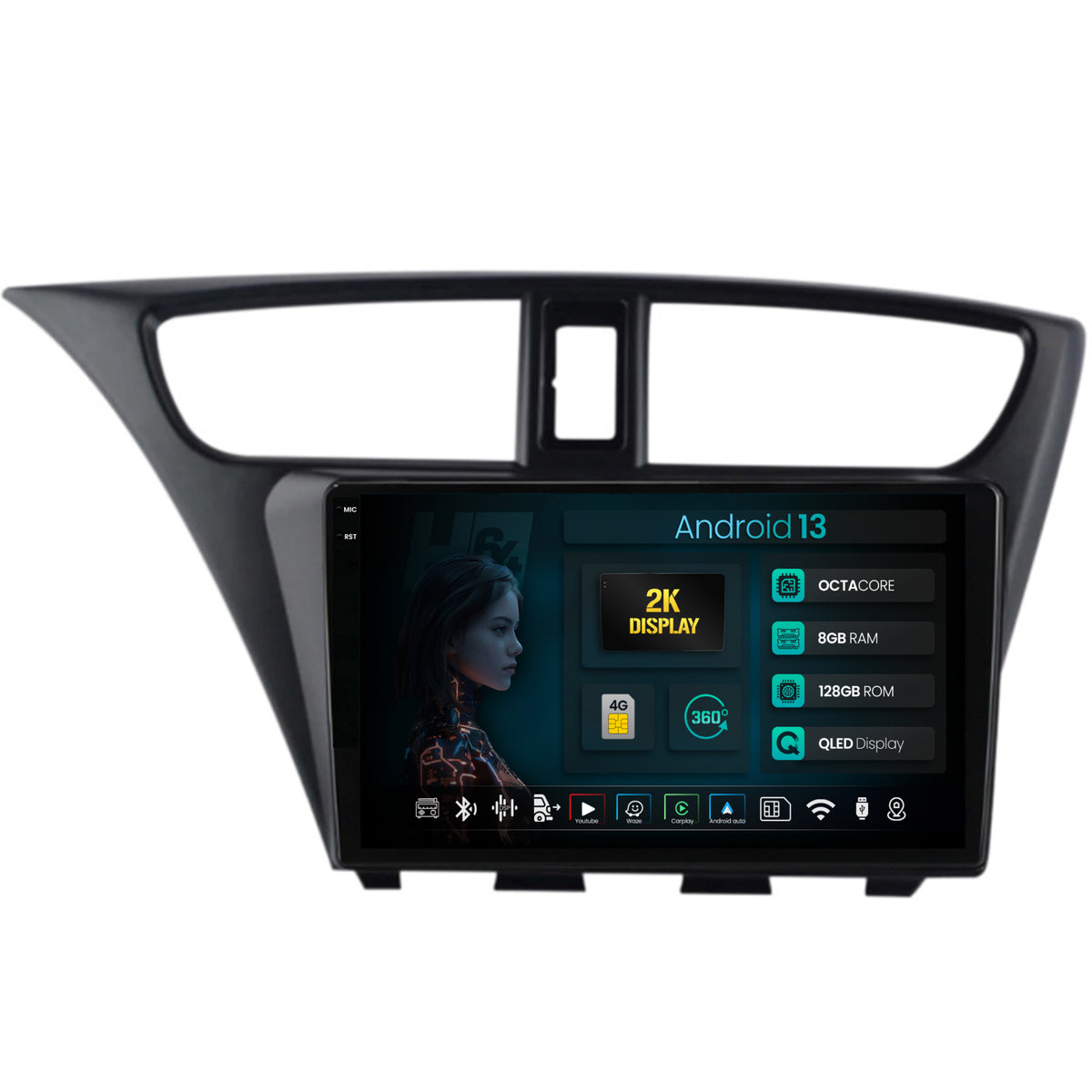 Navigatie 2K HUB64 Honda Civic Hatchback (2012-2015), 8GB RAM, Android, Octacore, Slot Sim 4G, DSP, GPS, Wi-FI, Carplay, Android Auto, USB, Bluetooth, Waze, Touchscreen, 9.5 Inch