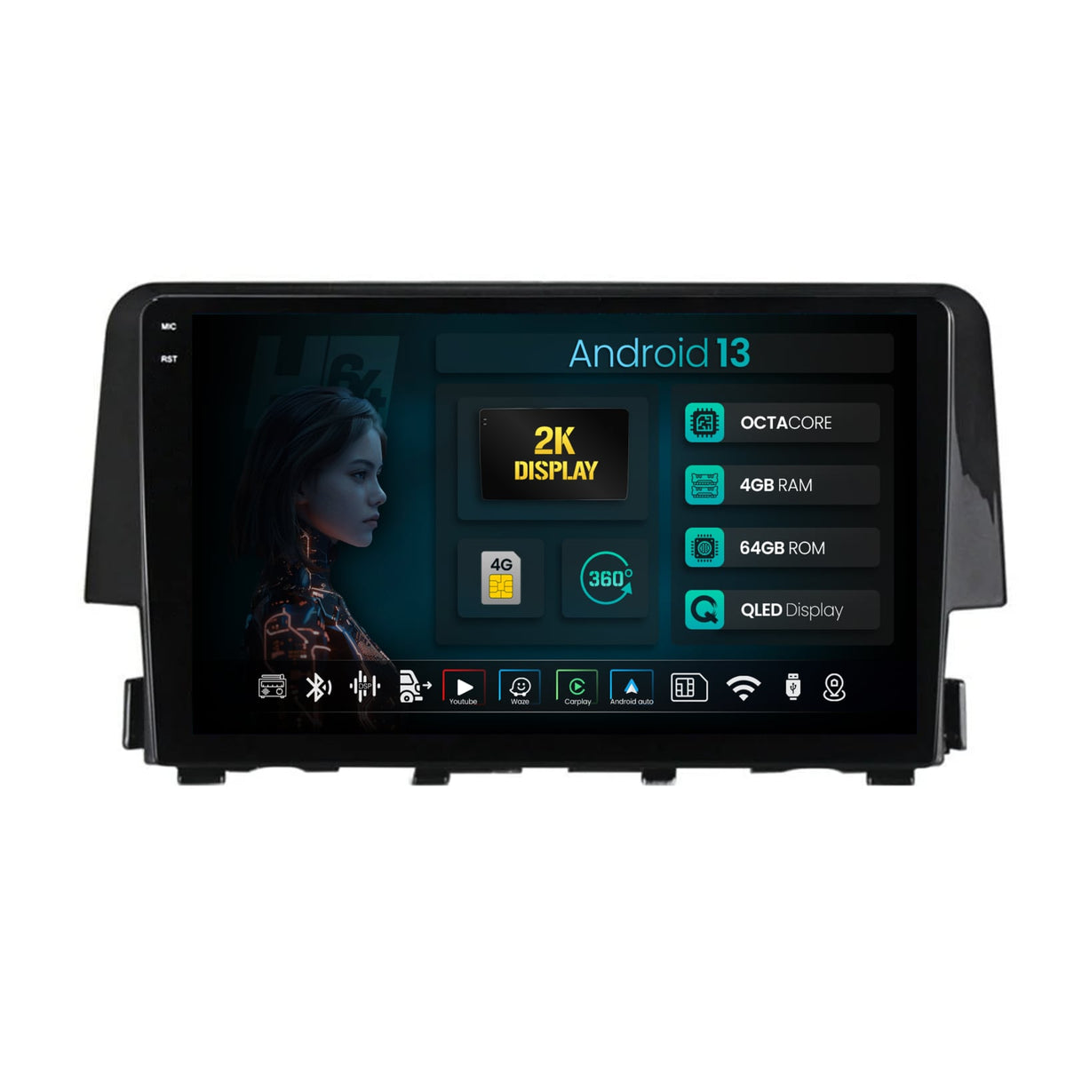 Navigatie 2K HUB64 Honda Civic X / Sedan (2015-2021), 4GB RAM, Android, Octacore, Slot Sim 4G, DSP, GPS, Wi-FI, Carplay, Android Auto, USB, Bluetooth, Waze, Touchscreen, 9.5 Inch