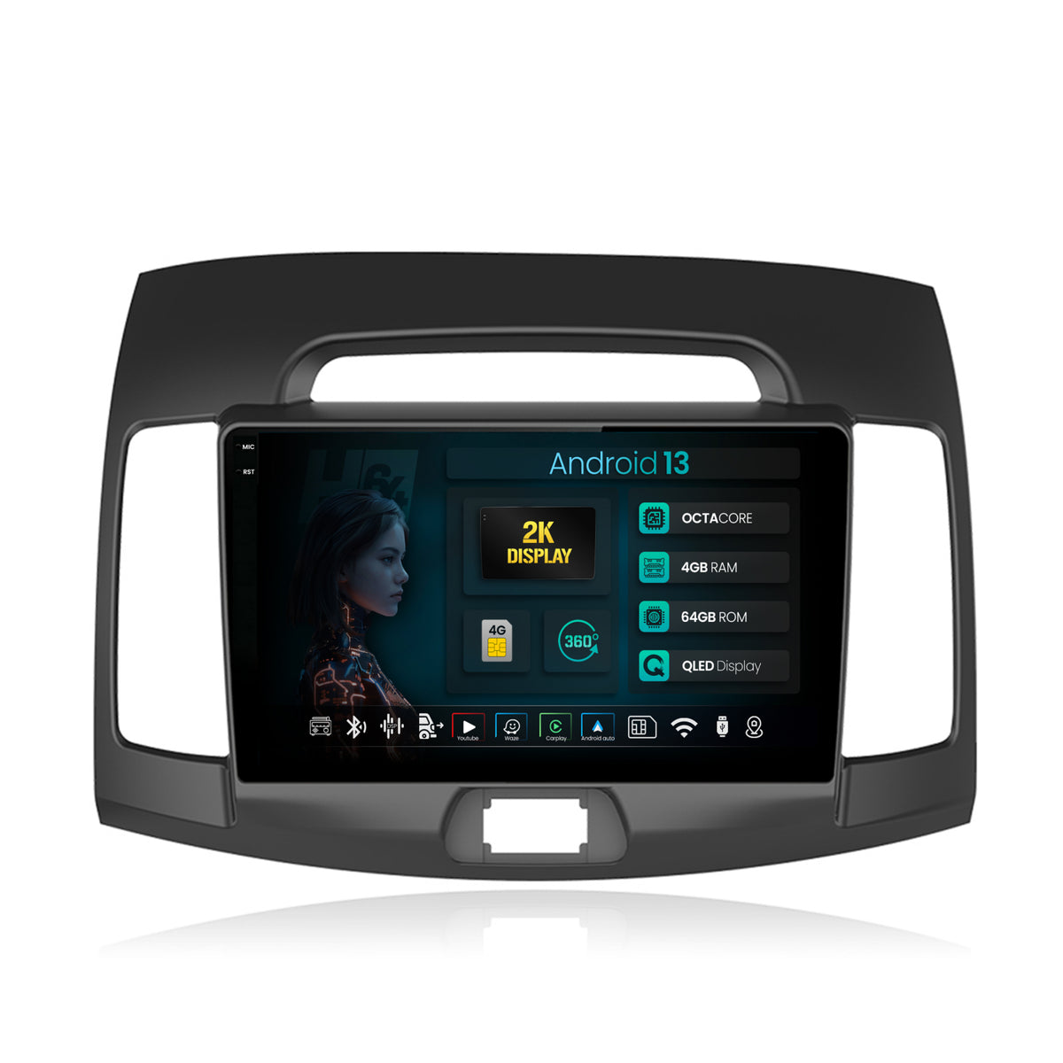 Navigatie 2K HUB64 Hyundai Elantra (2006-2011), 4GB RAM, Android, Octacore, Slot Sim 4G, DSP, GPS, Wi-FI, Carplay, Android Auto, USB, Bluetooth, Waze, Touchscreen, 9.5 Inch