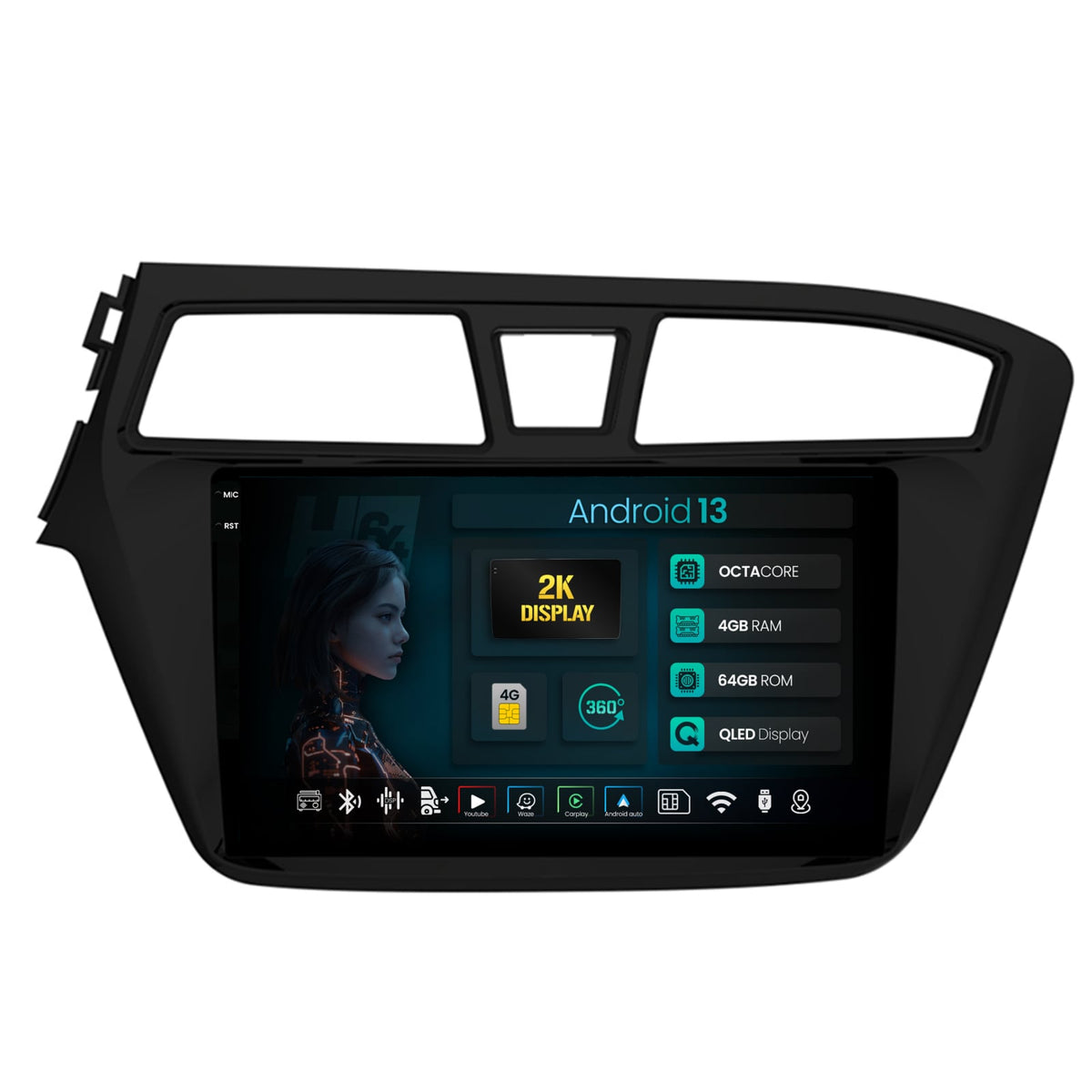 Navigatie 2K HUB64 Hyundai I20 (2014-2018), 4GB RAM, Android, Octacore, Slot Sim 4G, DSP, GPS, Wi-FI, Carplay, Android Auto, USB, Bluetooth, Waze, Touchscreen, 9.5 Inch