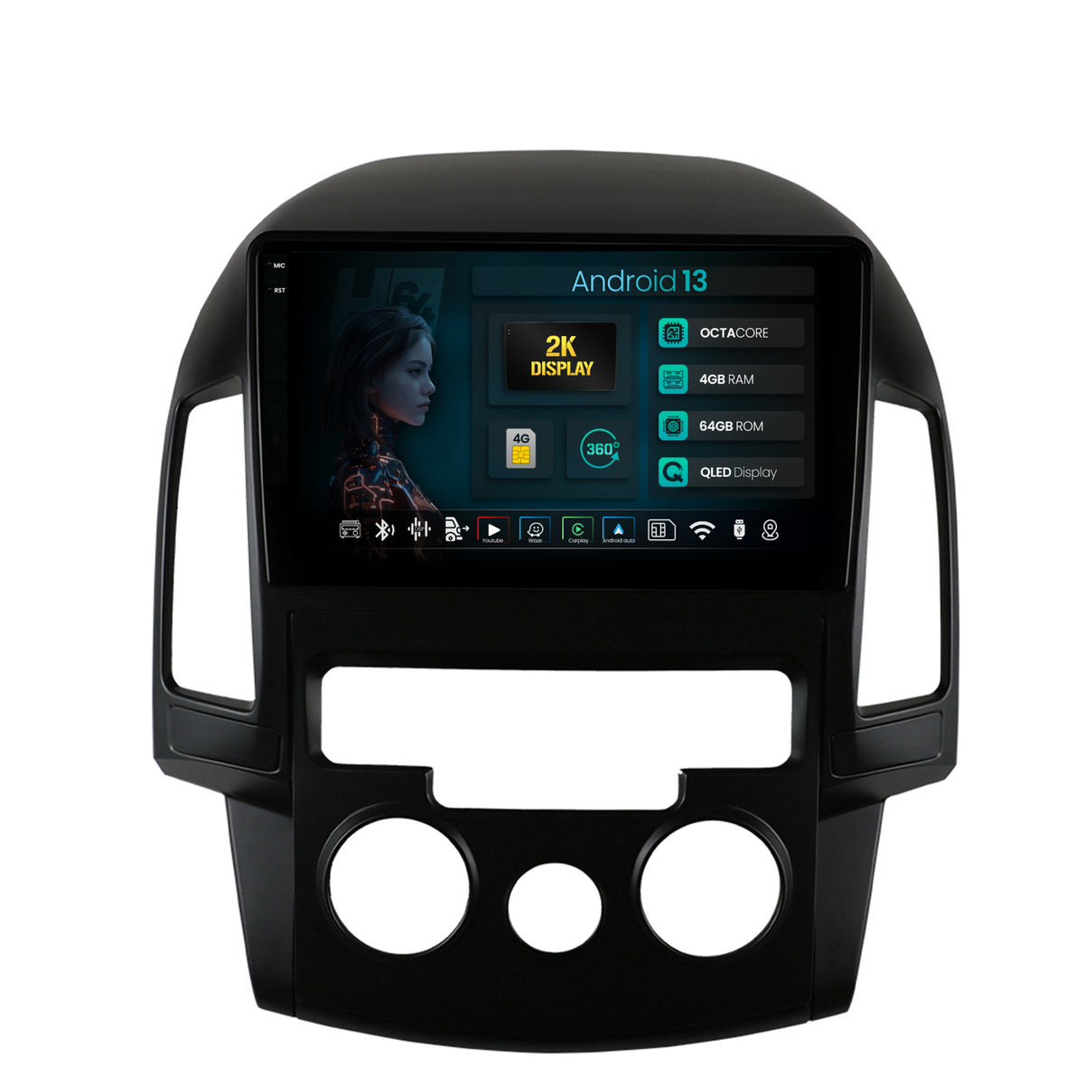 Navigatie 2K HUB64 Hyundai I30 (2007-2012), Clima Manuala, 4GB RAM, Android, Octacore, Slot Sim 4G, DSP, GPS, Wi-FI, Carplay, Android Auto, USB, Bluetooth, Waze, Touchscreen, 9.5 Inch