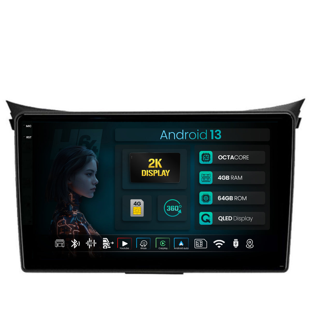 Navigatie 2K HUB64 Hyundai I30 (2012-2016), 4GB RAM, Android, Octacore, Slot Sim 4G, DSP, GPS, Wi-FI, Carplay, Android Auto, USB, Bluetooth, Waze, Touchscreen, 9.5 Inch