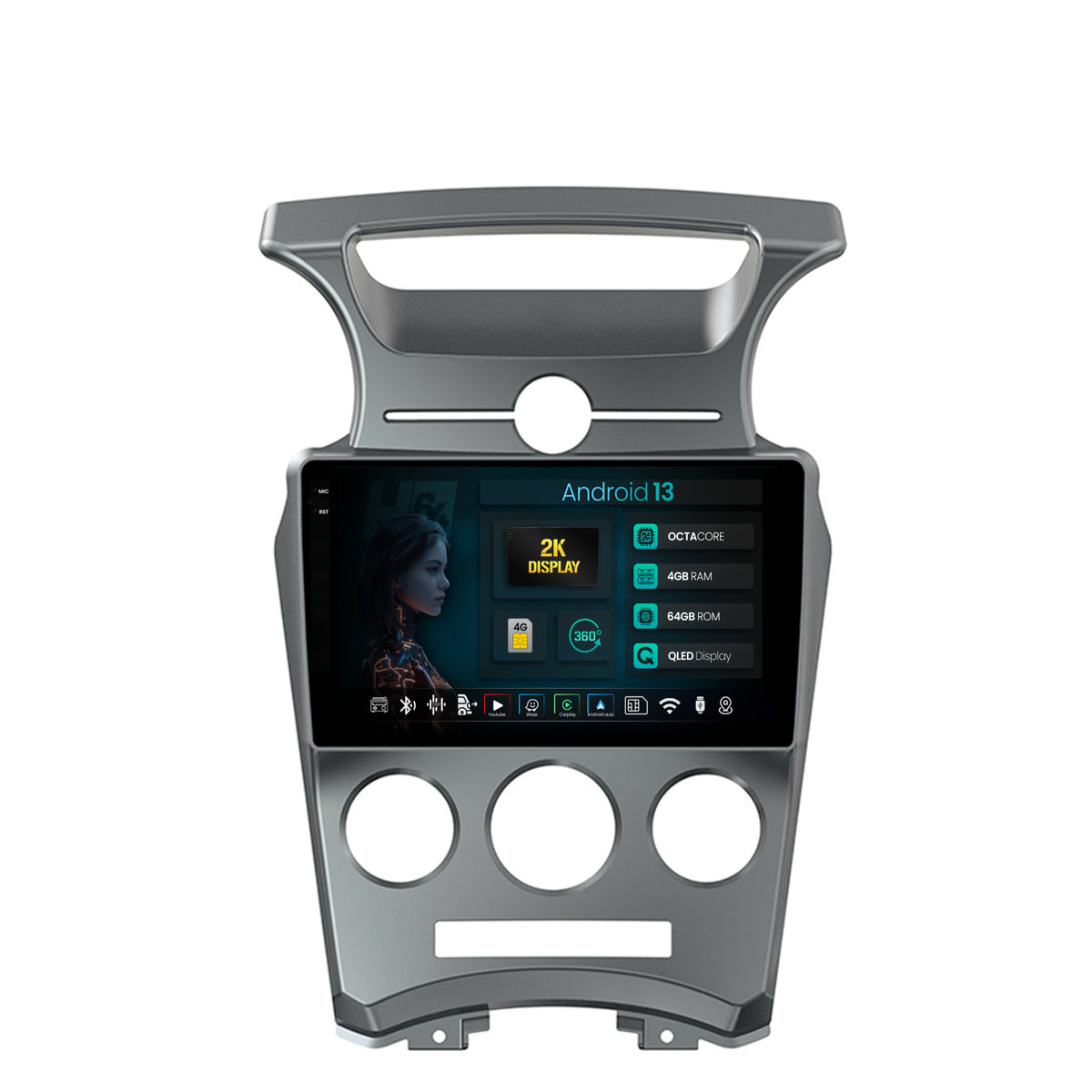 Navigatie 2K HUB64 Kia Carens (2007-2011), 4GB RAM, Android, Octacore, Slot Sim 4G, DSP, GPS, Wi-FI, Carplay, Android Auto, USB, Bluetooth, Waze, Touchscreen, 9.5 Inch