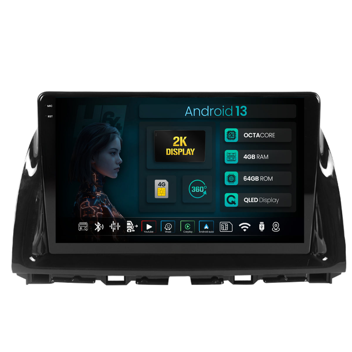 Navigatie 2K HUB64 Mazda CX-5 (2012-2015), 4GB RAM, Android, Octacore, Slot Sim 4G, DSP, GPS, Wi-FI, Carplay, Android Auto, USB, Bluetooth, Waze, Touchscreen, 10.36 Inch