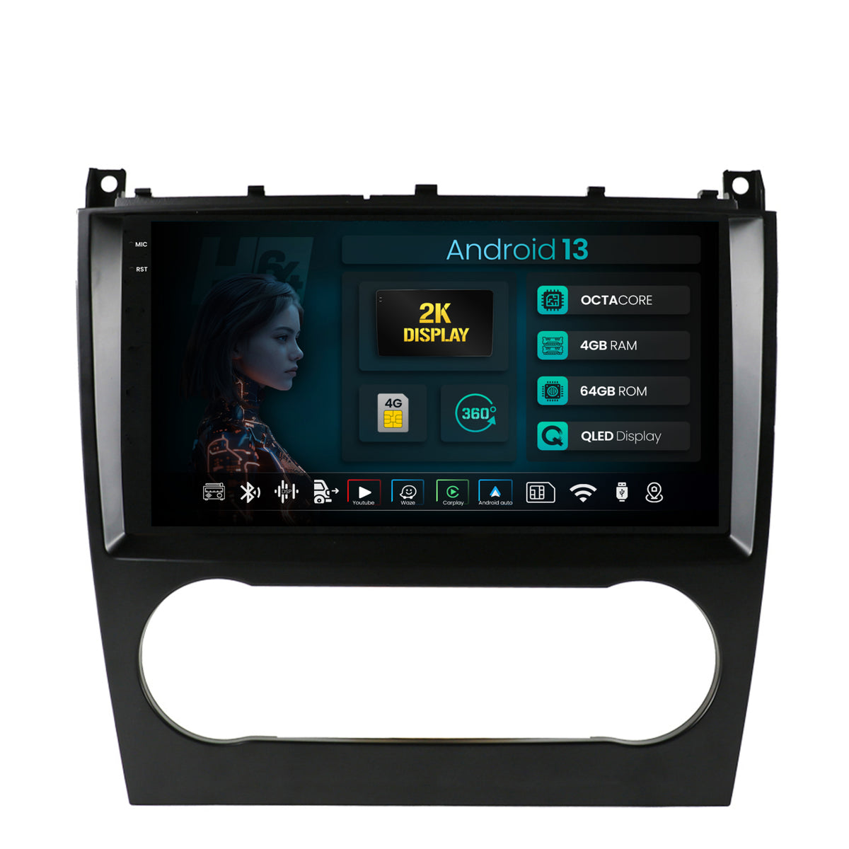 Navigatie 2K HUB64 Mercedes Benz G-Class W463 (2009-2012), 4GB RAM, Android, Octacore, Slot Sim 4G, DSP, GPS, Wi-FI, Carplay, Android Auto, USB, Bluetooth, Waze, Touchscreen, 9.5 Inch
