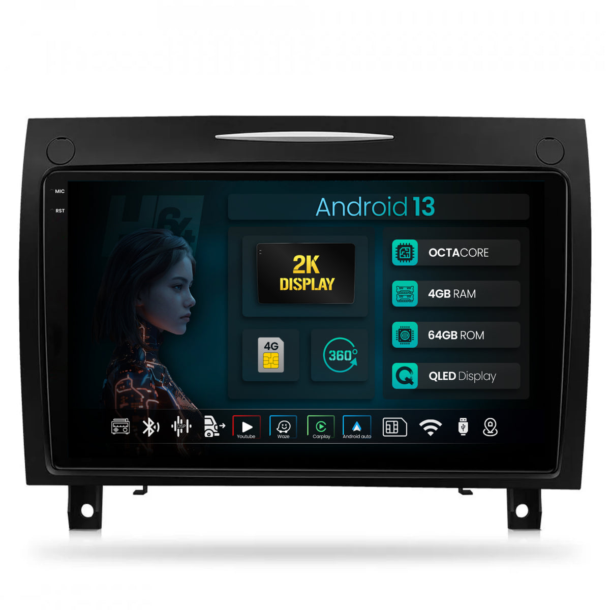 Navigatie 2K HUB64 Mercedes Benz SLK (2006-2010), 4GB RAM, Android, Octacore, Slot Sim 4G, DSP, GPS, Wi-FI, Carplay, Android Auto, USB, Bluetooth, Waze, Touchscreen, 9.5 Inch