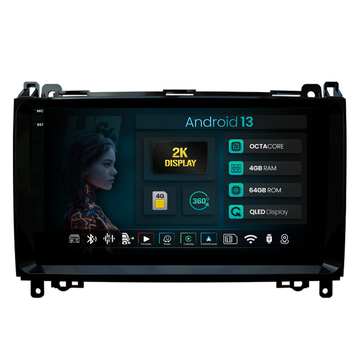 Navigatie 2K HUB64 Mercedes Benz Sprinter, Viano, Vito, A/B Class, Crafter, 4GB RAM, Android, Octacore, Slot Sim 4G, DSP, GPS, Wi-FI, Carplay, Android Auto, USB, Bluetooth, Waze, Touchscreen, 9