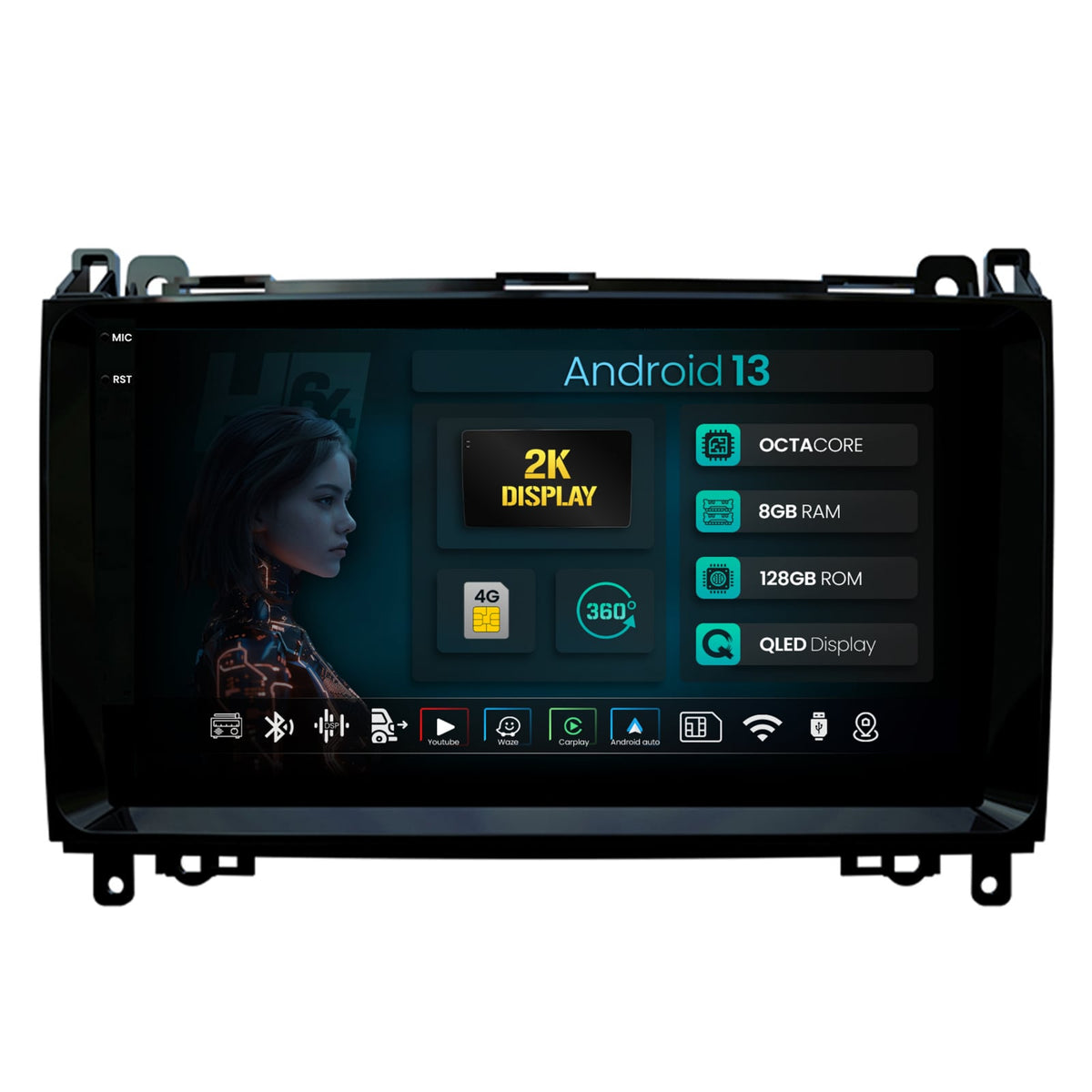 Navigatie 2K HUB64 Mercedes Benz Sprinter, Viano, Vito, A/B Class, Crafter, 8GB RAM, Android, Octacore, Slot Sim 4G, DSP, GPS, Wi-FI, Carplay, Android Auto, USB, Bluetooth, Waze, Touchscreen,