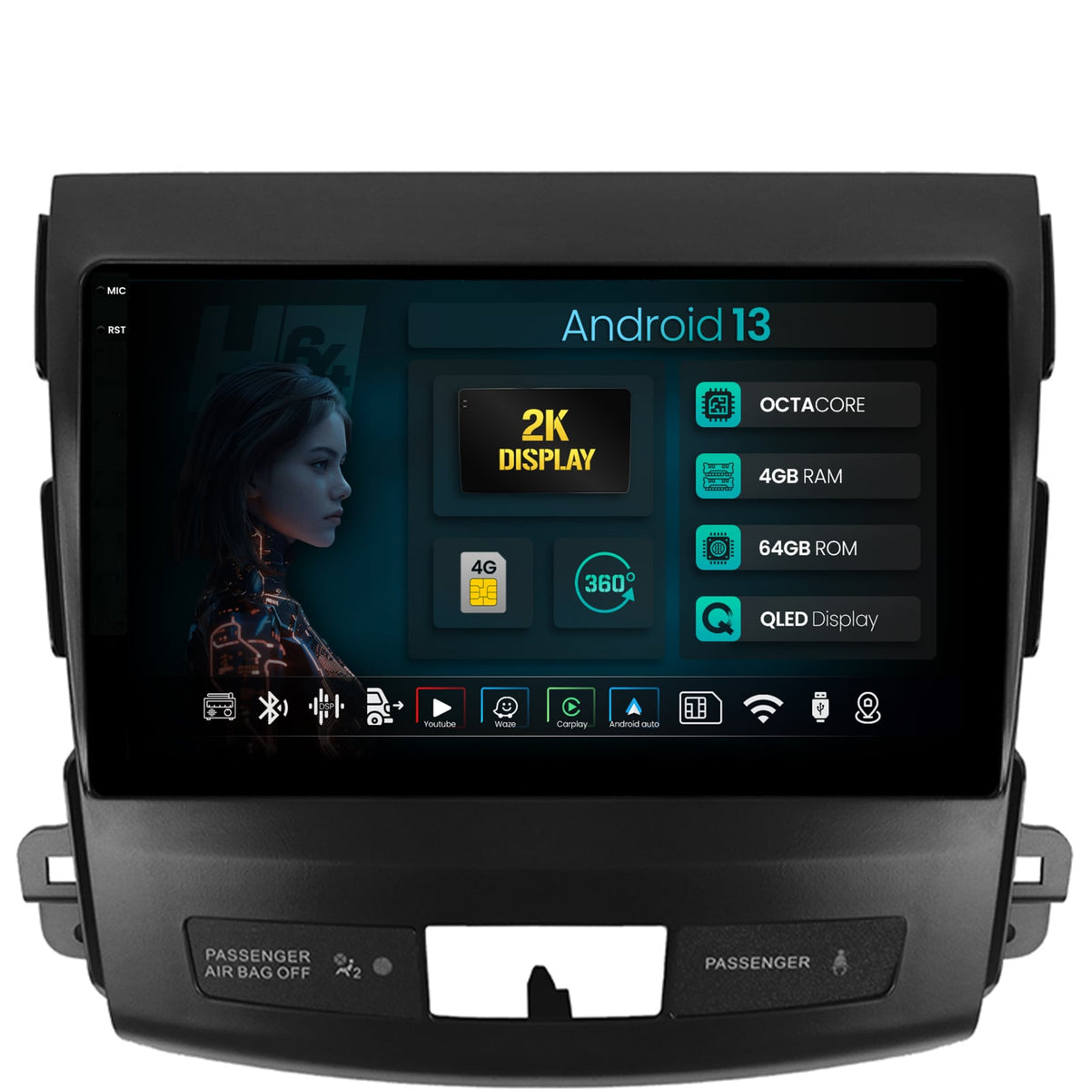 Navigatie 2K HUB64 Mitstubishi Outlander / Peugeot 4007 / Citroen C-Crosser, 4GB RAM, Android, Octacore, Slot Sim 4G, DSP, GPS, Wi-FI, Carplay, Android Auto, USB, Bluetooth, Waze, Touchscreen,