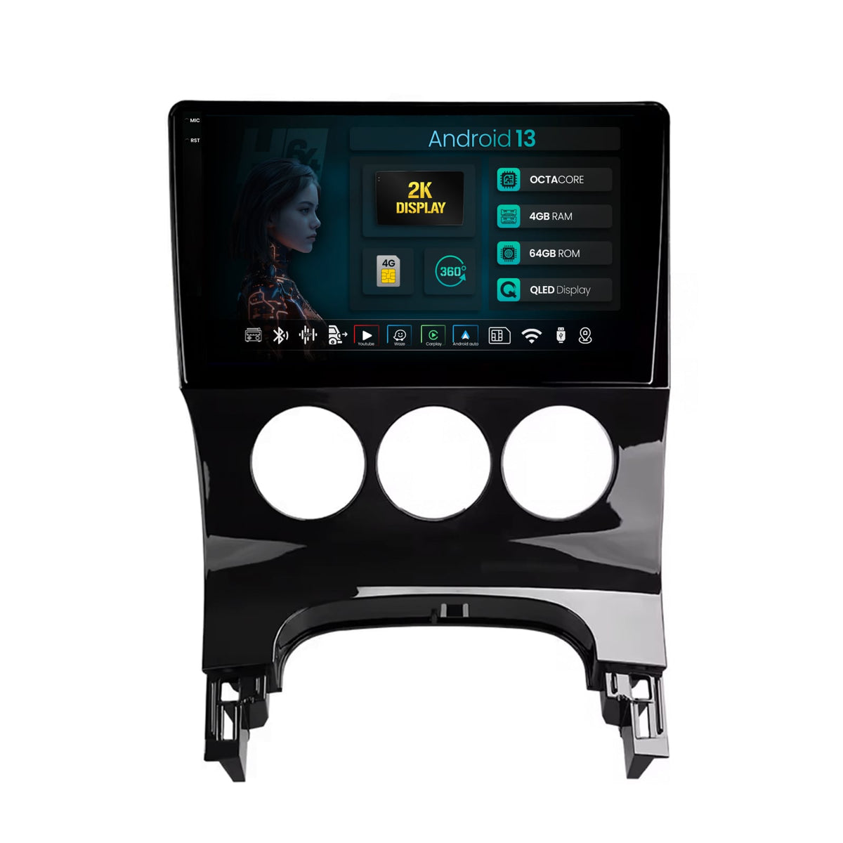 Navigatie 2K HUB64 Peugeot 3008/5008, 4GB RAM, Android, Octacore, Slot Sim 4G, DSP, GPS, Wi-FI, Carplay, Android Auto, USB, Bluetooth, Waze, Touchscreen, 9.5 Inch