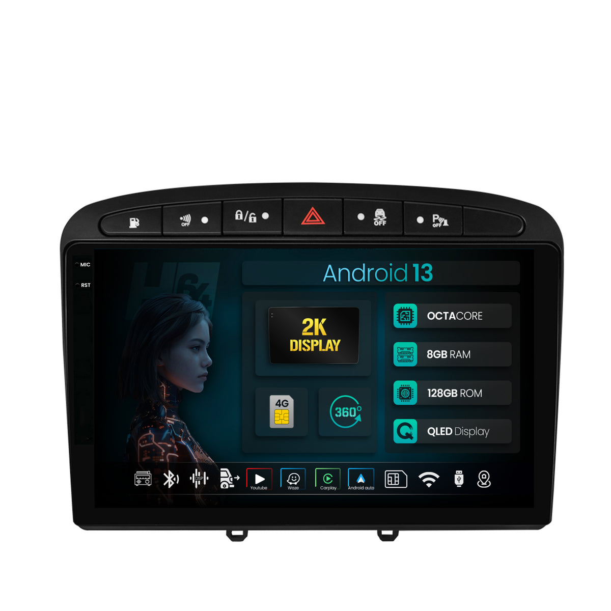 Navigatie 2K HUB64 Peugeot 308/408 (2008-2013), 8GB RAM, Android, Octacore, Slot Sim 4G, DSP, GPS, Wi-FI, Carplay, Android Auto, USB, Bluetooth, Waze, Touchscreen, 9.5 Inch
