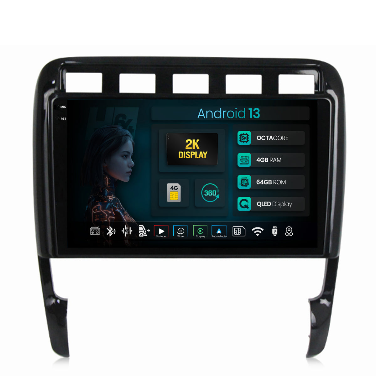 Navigatie 2K HUB64 Porsche Cayenne (2002-2010), 4GB RAM, Android, Octacore, Slot Sim 4G, DSP, GPS, Wi-FI, Carplay, Android Auto, USB, Bluetooth, Waze, Touchscreen, 9.5 Inch