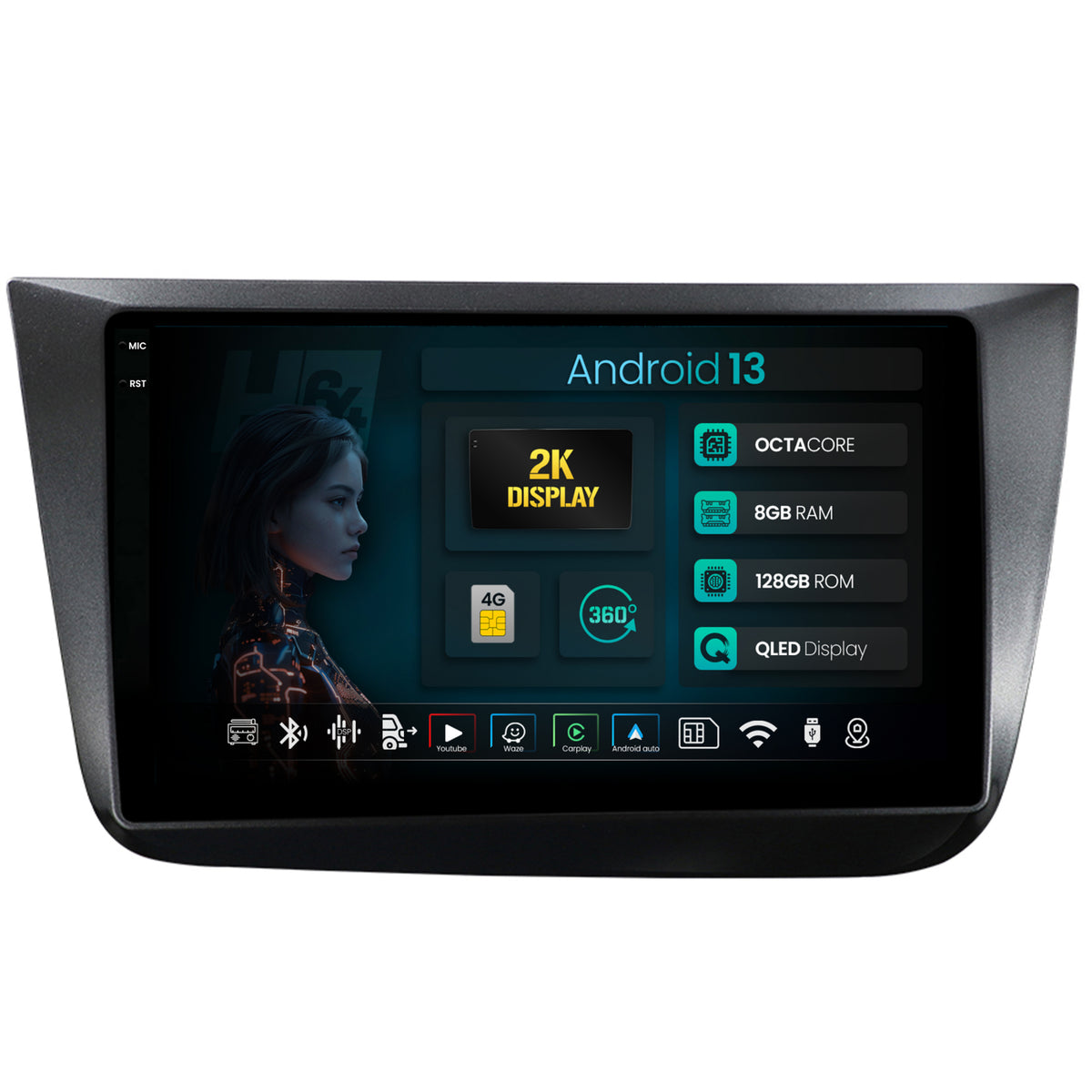Navigatie 2K HUB64 Seat Altea/Toledo (2005-2012), 8GB RAM, Android, Octacore, Slot Sim 4G, DSP, GPS, Wi-FI, Carplay, Android Auto, USB, Bluetooth, Waze, Touchscreen, 9.5 Inch