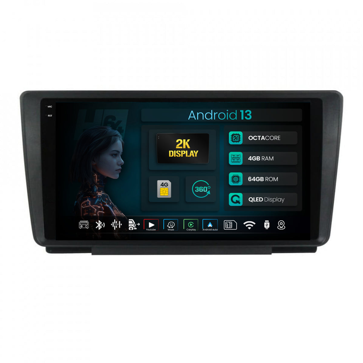 Navigatie 2K HUB64 Skoda Octavia 2, 4GB RAM, Android, Octacore, Slot Sim 4G, DSP, GPS, Wi-FI, Carplay, Android Auto, USB, Bluetooth, Waze, Touchscreen, 9.5 Inch