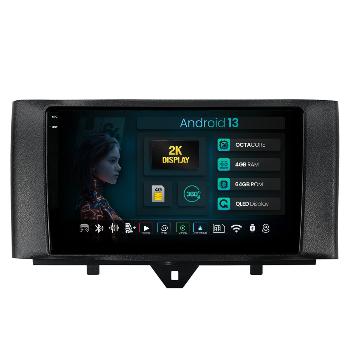Navigatie 2K HUB64 Smart Fortwo (2010-2015), 4GB RAM, Android, Octacore, Slot Sim 4G, DSP, GPS, Wi-FI, Carplay, Android Auto, USB, Bluetooth, Waze, Touchscreen, 9.5 Inch