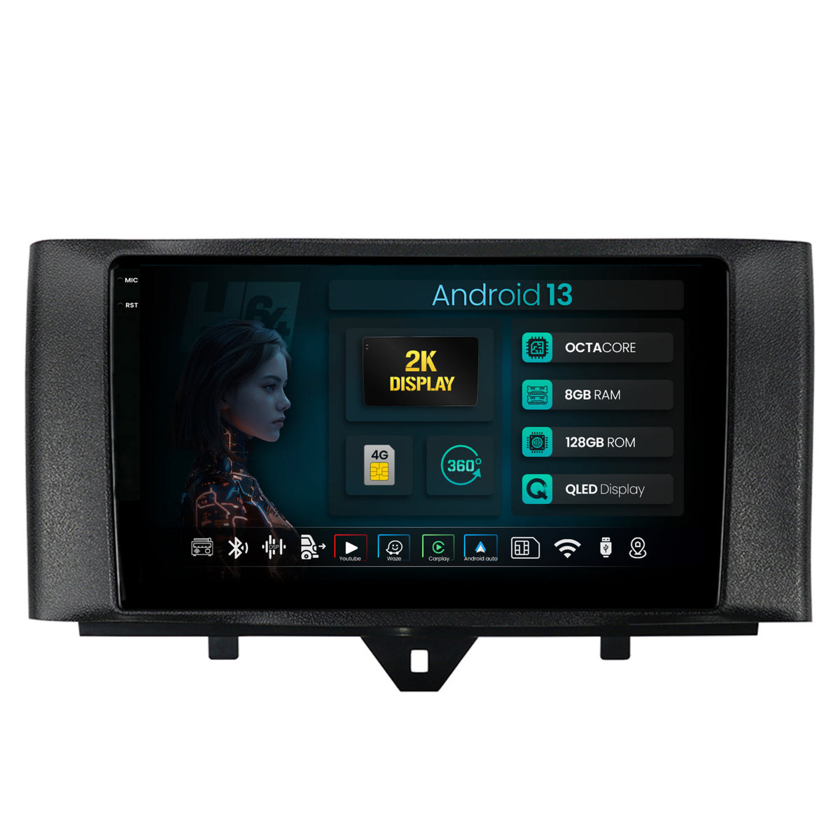 Navigatie 2K HUB64 Smart Fortwo (2010-2015), 8GB RAM, Android, Octacore, Slot Sim 4G, DSP, GPS, Wi-FI, Carplay, Android Auto, USB, Bluetooth, Waze, Touchscreen, 9.5 Inch