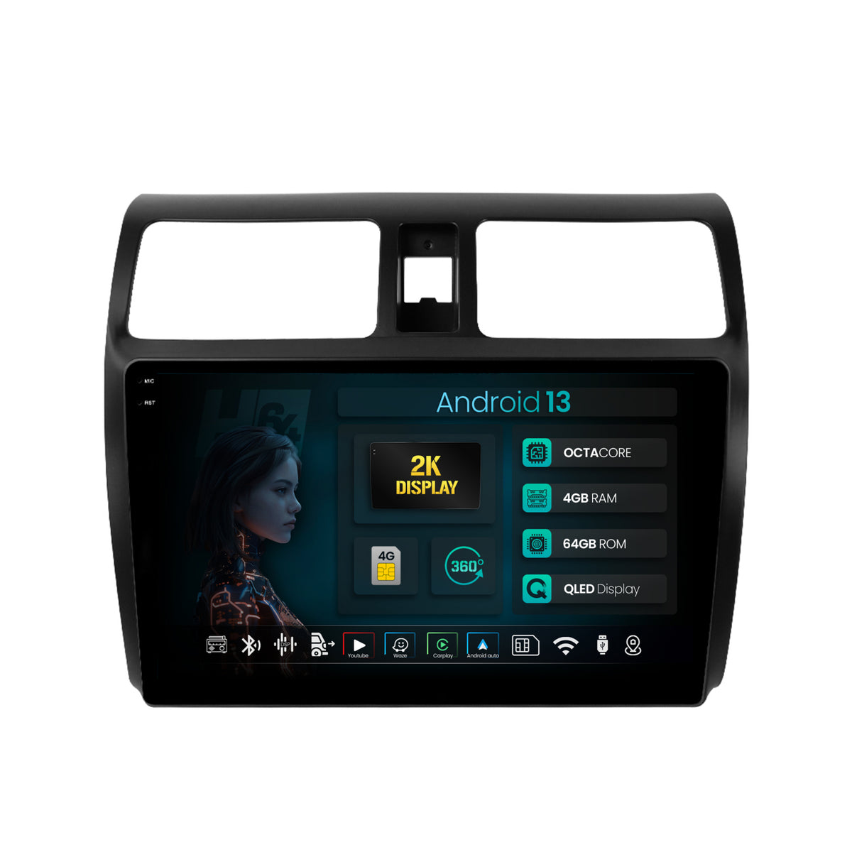 Navigatie 2K HUB64 Suzuki Swift (2003-2010), 4GB RAM, Android, Octacore, Slot Sim 4G, DSP, GPS, Wi-FI, Carplay, Android Auto, USB, Bluetooth, Waze, Touchscreen, 10.36 Inch