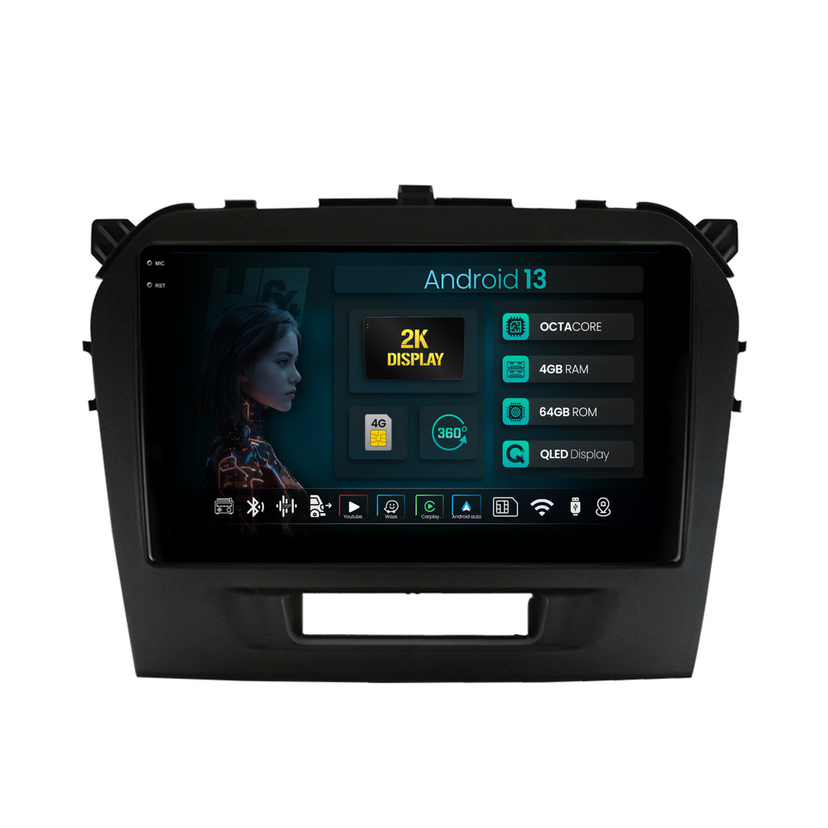 Navigatie 2K HUB64 Suzuki Vitara (2015+), 4GB RAM, Android, Octacore, Slot Sim 4G, DSP, GPS, Wi-FI, Carplay, Android Auto, USB, Bluetooth, Waze, Touchscreen, 9.5 Inch