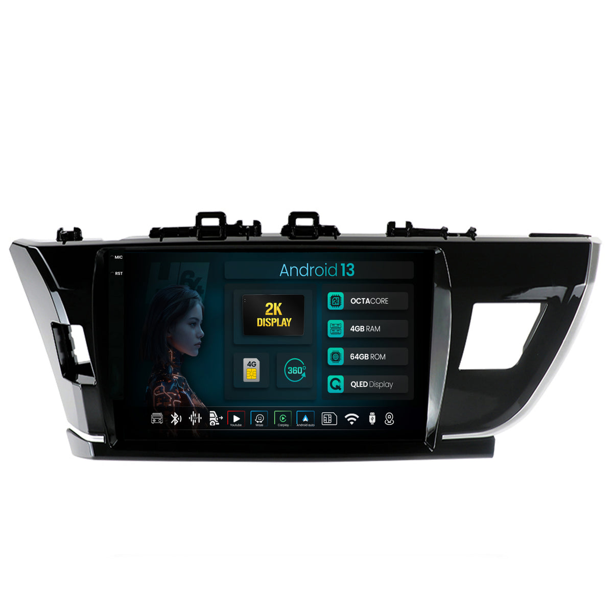 Navigatie 2K HUB64 Toyota Corolla (2012-2016), 4GB RAM, Android, Octacore, Slot Sim 4G, DSP, GPS, Wi-FI, Carplay, Android Auto, USB, Bluetooth, Waze, Touchscreen, 10.36 Inch