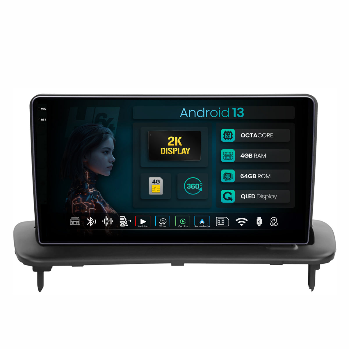 Navigatie 2K HUB64 Volvo C40 C30 S40 C70 V50 (2004-2012), 4GB RAM, Android, Octacore, Slot Sim 4G, DSP, GPS, Wi-FI, Carplay, Android Auto, USB, Bluetooth, Waze, Touchscreen, 9.5 Inch