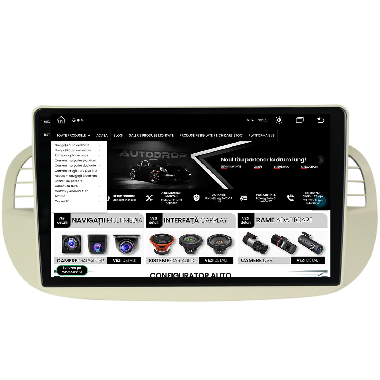 Navigatie Fiat 500 (2007-2014), Android, V-Octacore / 4GB RAM + 64GB ROM, 9.5 Inch - AD-BGV9004+AD-BGRKIT362V2