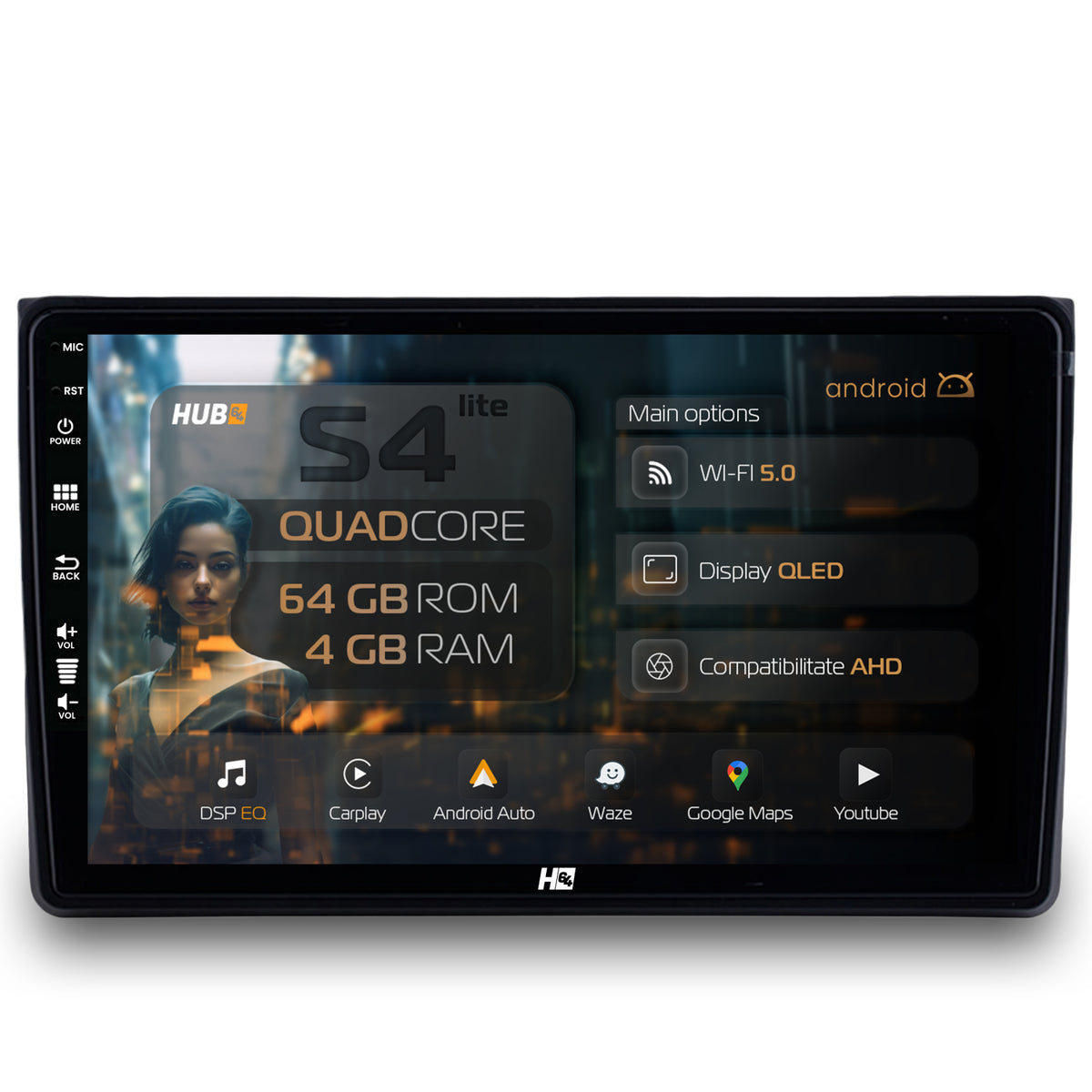 Navigatie HUB64 Audi A4(B6/B7) / Seat Exeo, 4GB RAM, Android, Quadcore, DSP, GPS, Wi-FI, Carplay, Android Auto, USB, Bluetooth, Waze, Touchscreen, 9 inch