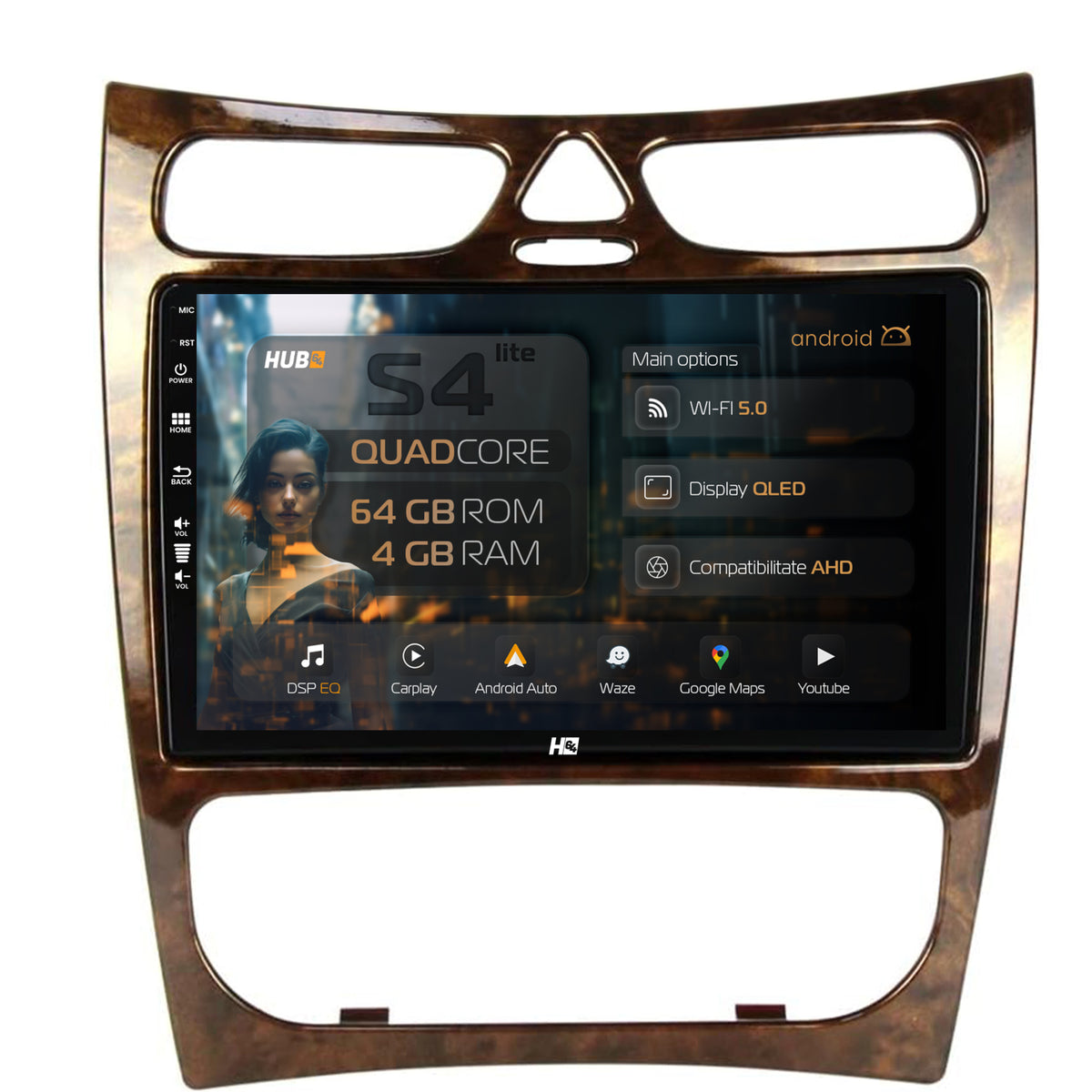 Navigatie HUB64 Benz CLK (W209) (2000-2005), 4GB RAM, Android, Quadcore, DSP, GPS, Wi-FI, Carplay, Android Auto, USB, Bluetooth, Waze, Touchscreen, 9 inch