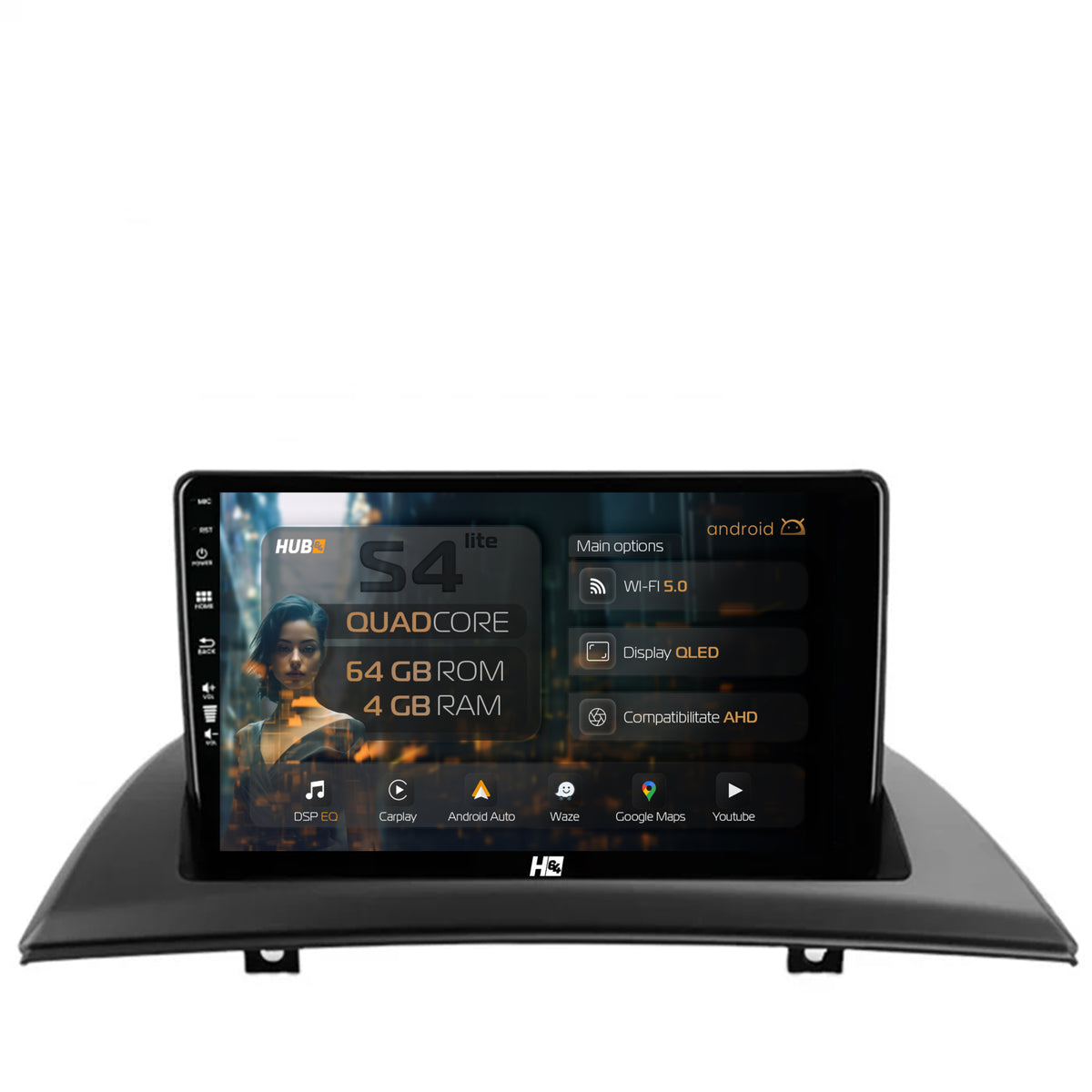 Navigatie HUB64 BMW X3 E83 (2003-2010), 4GB RAM, Android, Quadcore, DSP, GPS, Wi-FI, Carplay, Android Auto, USB, Bluetooth, Waze, Touchscreen, 9 inch
