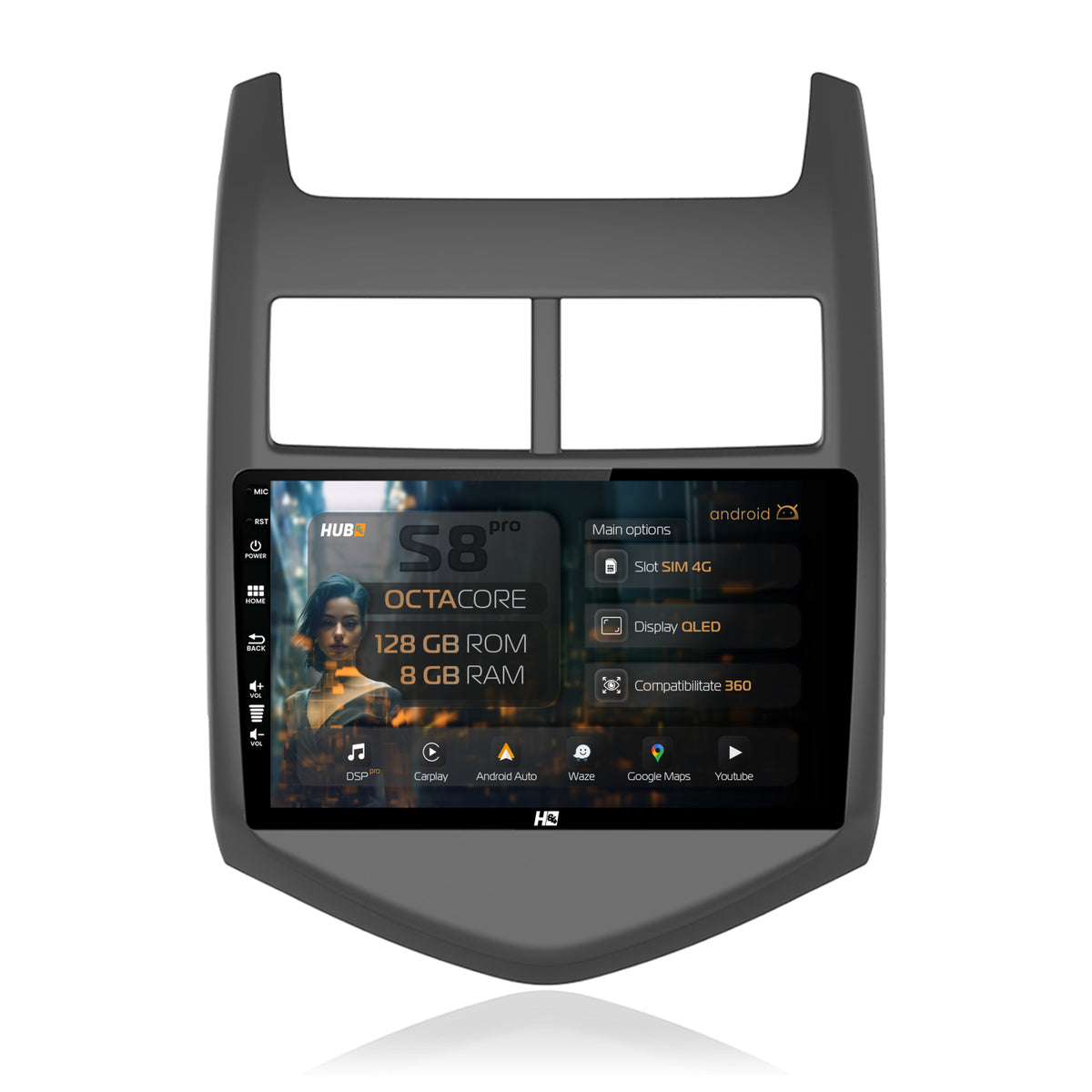 Navigatie HUB64 Chevrolet Aveo 2 (2010-2015), 8GB RAM, Android, Octacore, Slot Sim 4G, DSP, GPS, Wi-FI, Carplay, Android Auto, USB, Bluetooth, Waze, Touchscreen, 9 Inch