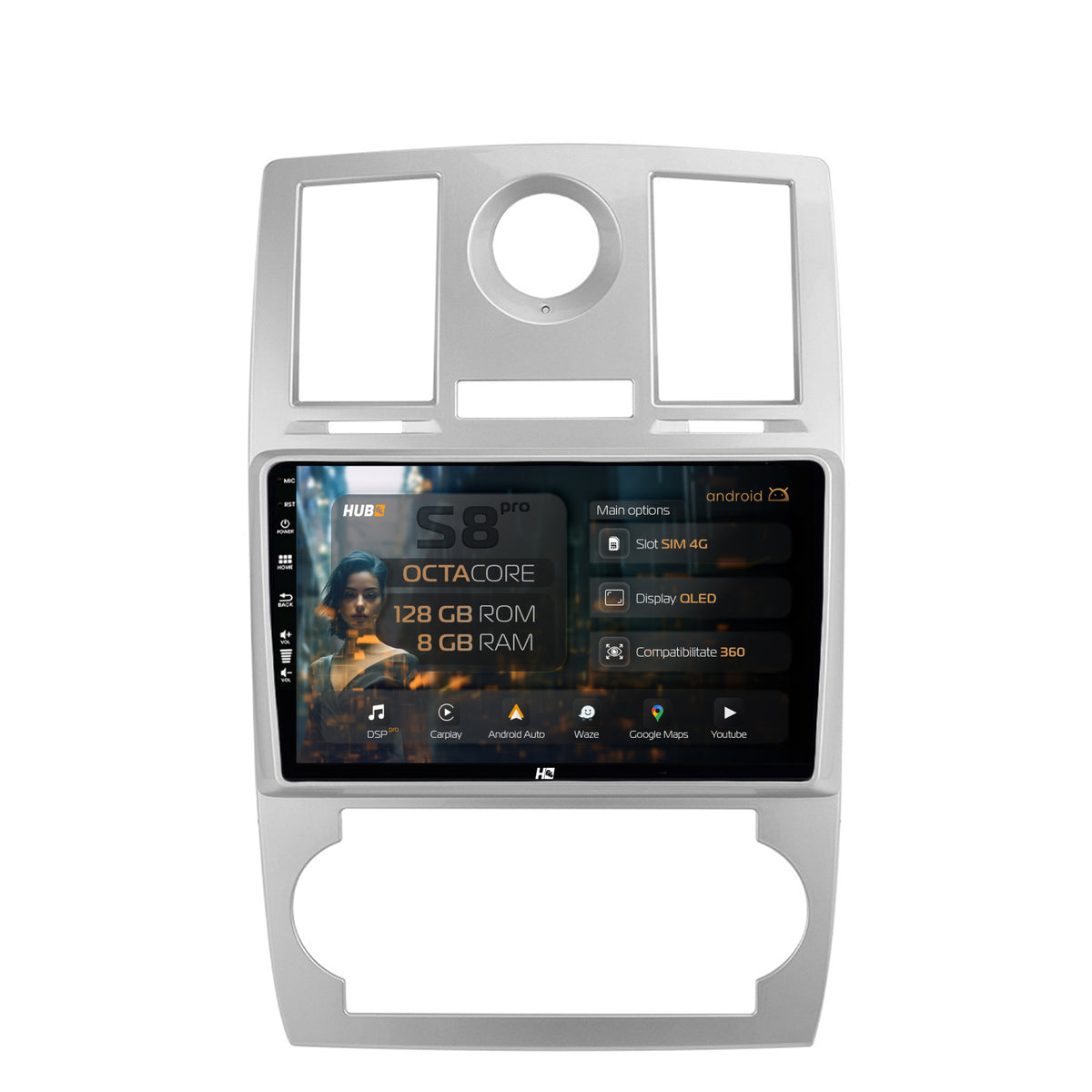 Navigatie HUB64 Chrysler 300C (2004-2011), 8GB RAM, Android, Octacore, Slot Sim 4G, DSP, GPS, Wi-FI, Carplay, Android Auto, USB, Bluetooth, Waze, Touchscreen, 9 Inch