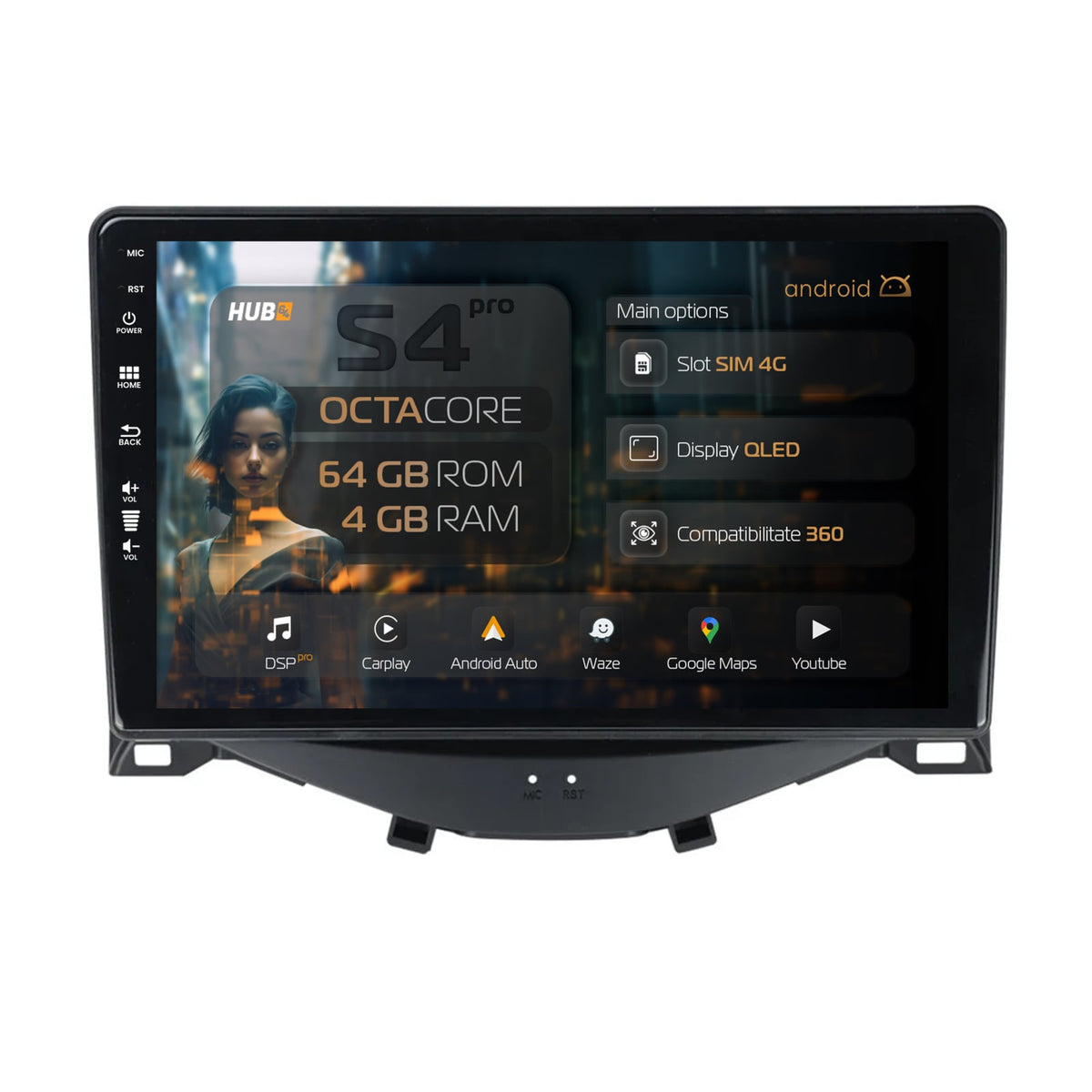 Navigatie HUB64 Citroen C1 / Peugeot 108 / Toyota AYGO (2014-2022),, 4GB RAM, Android, Octacore, Slot Sim 4G, DSP, GPS, Wi-FI, Carplay, Android Auto, USB, Bluetooth, Waze, Touchscreen, 9 inch